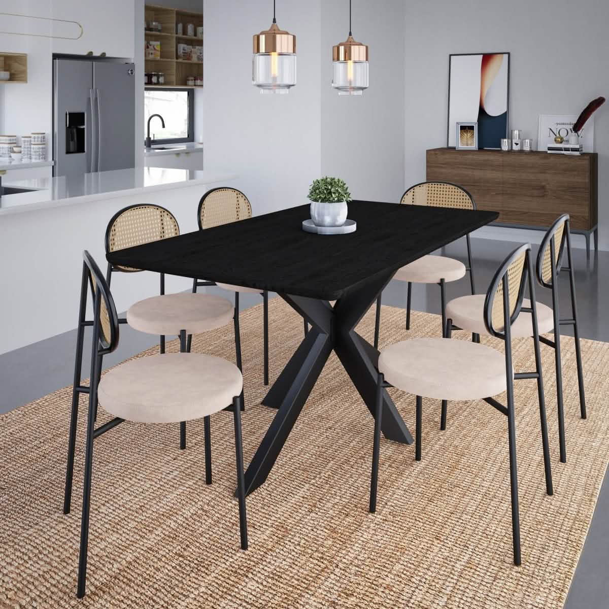 Ravenna 69" Rectangular Wood Dining Table with 6 Euston Wicker Dining Chairs Dining Set Leisuremod
