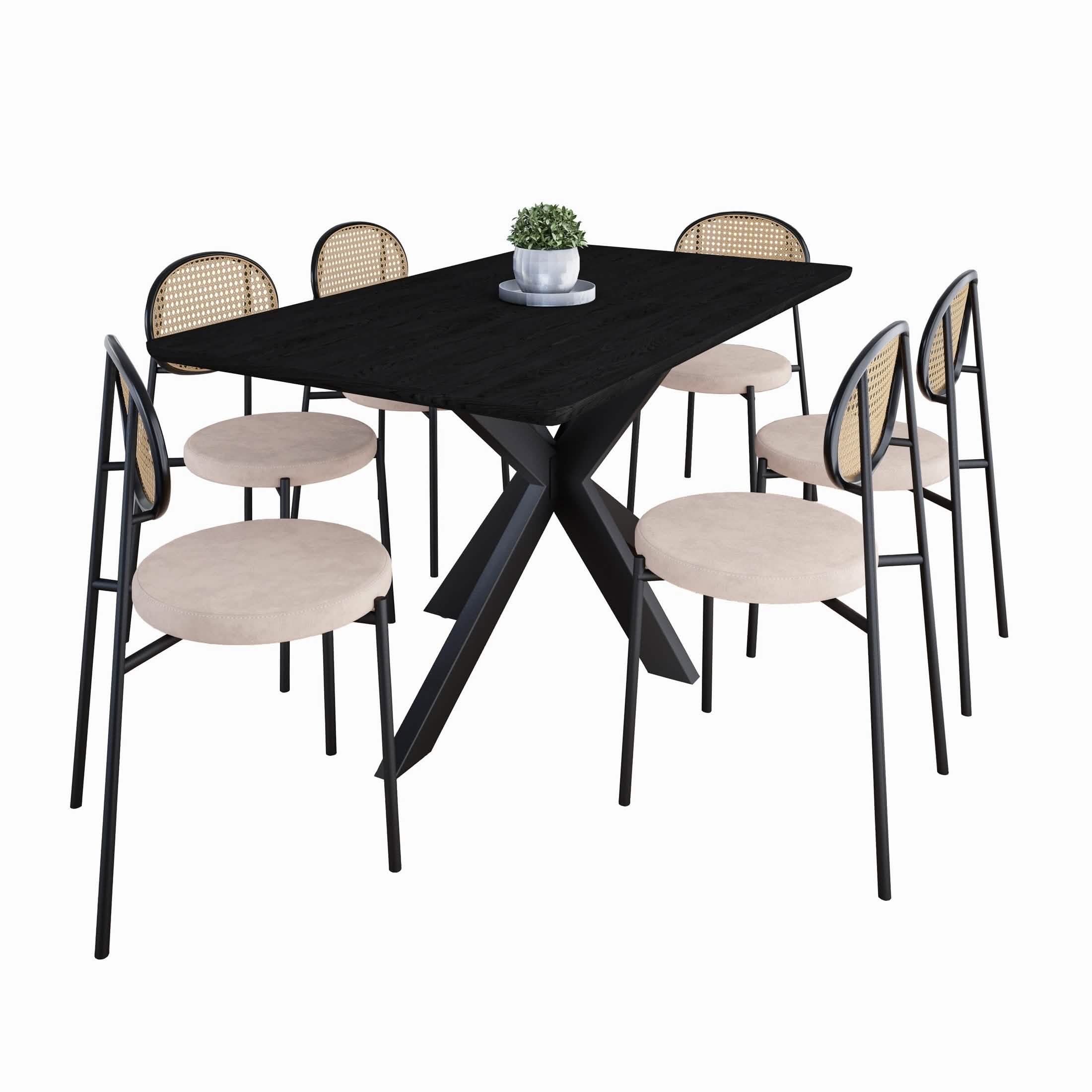 Ravenna 69" Rectangular Wood Dining Table with 6 Euston Wicker Dining Chairs Dining Set Leisuremod