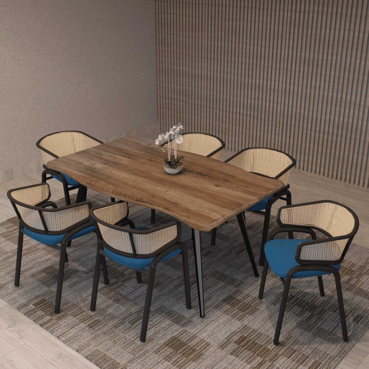 Ravenna 7-Piece Dining Set with 63” Rectangular Table and 6-Piece Velvet Arm Chairs Dining Set Leisuremod