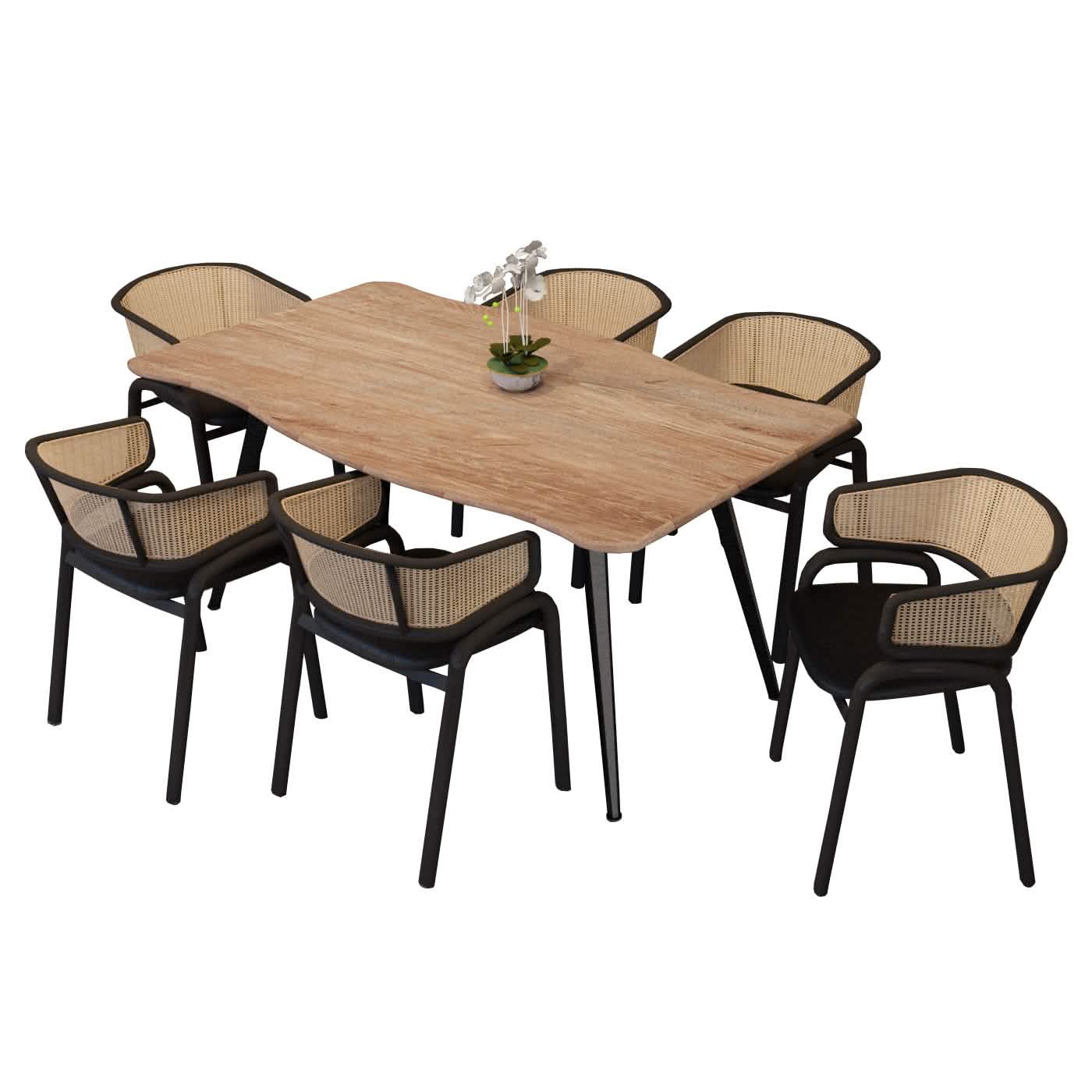 Ravenna 7-Piece Dining Set with 63” Rectangular Table and 6-Piece Velvet Arm Chairs Dining Set Leisuremod