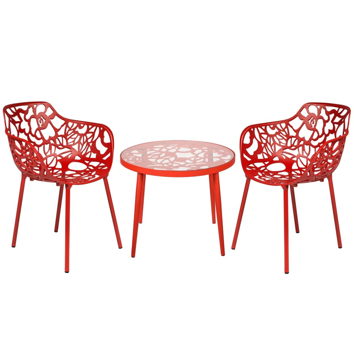 Devon 3-Piece Patio Dining Set: Aluminum Table with Glass Top & 2 Flower Arm Chairs Red Dining Set Leisuremod