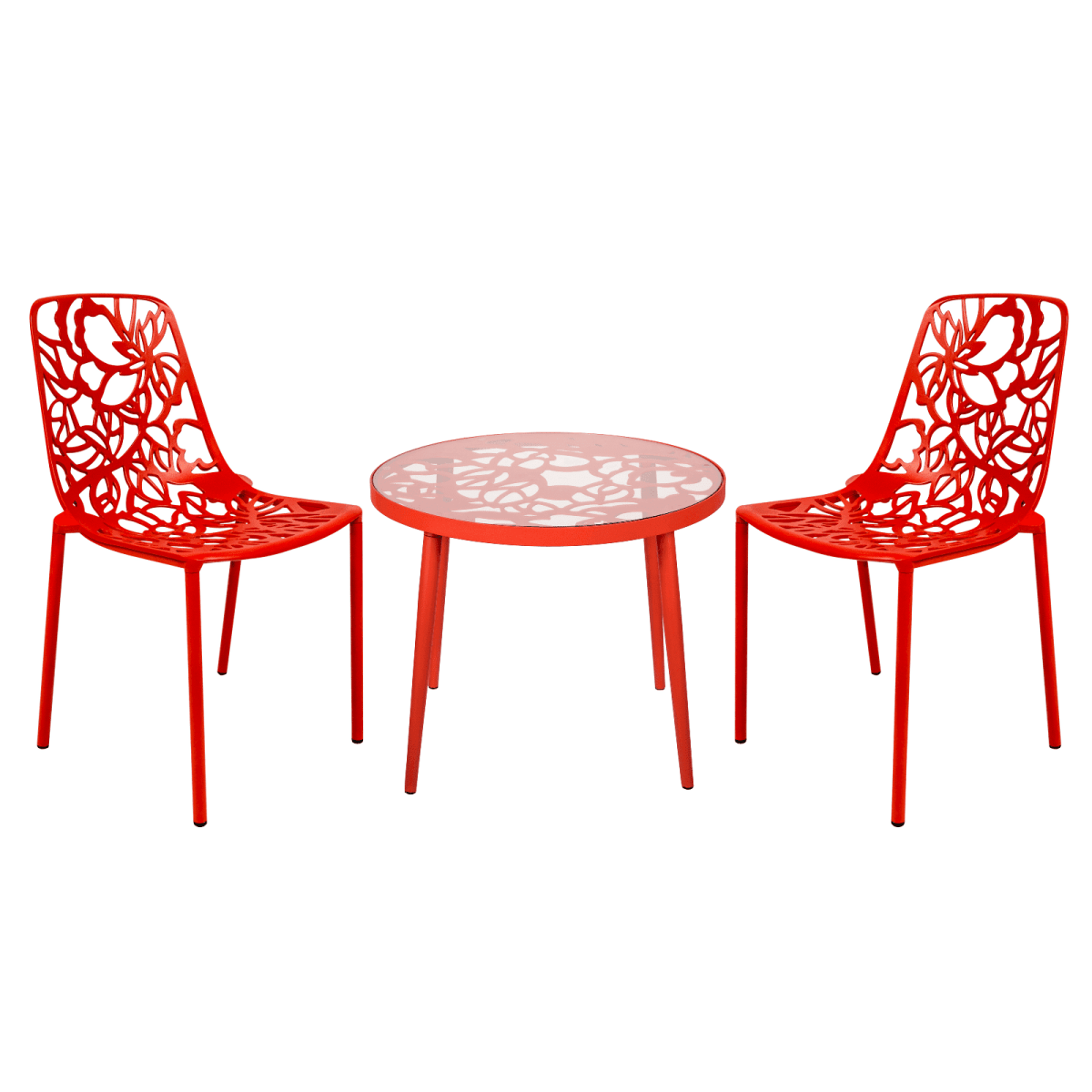 Devon 3-Piece Patio Dining Set: Aluminum Table with Glass Top & 2 Stackable Flower Chairs Red Dining Set Leisuremod