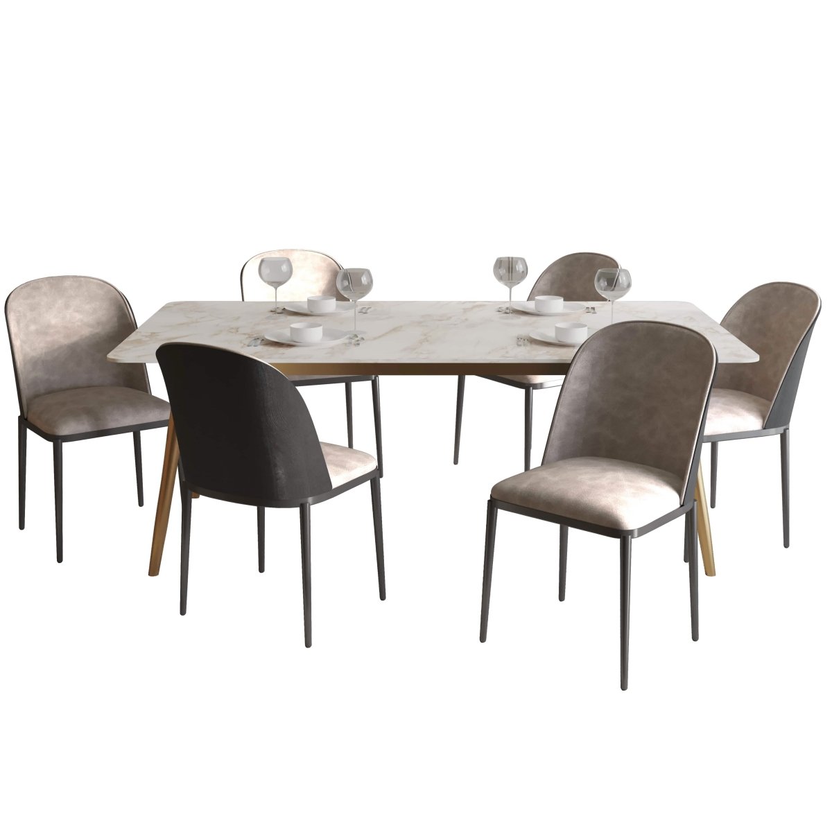 Zayle 7-Piece Dining Set with 55" Rectangular Dining Table in White Grey Sintered Stone Top and 6 Leather Dining Chairs Suede Fabric Black Charcoal Dining Set Leisuremod