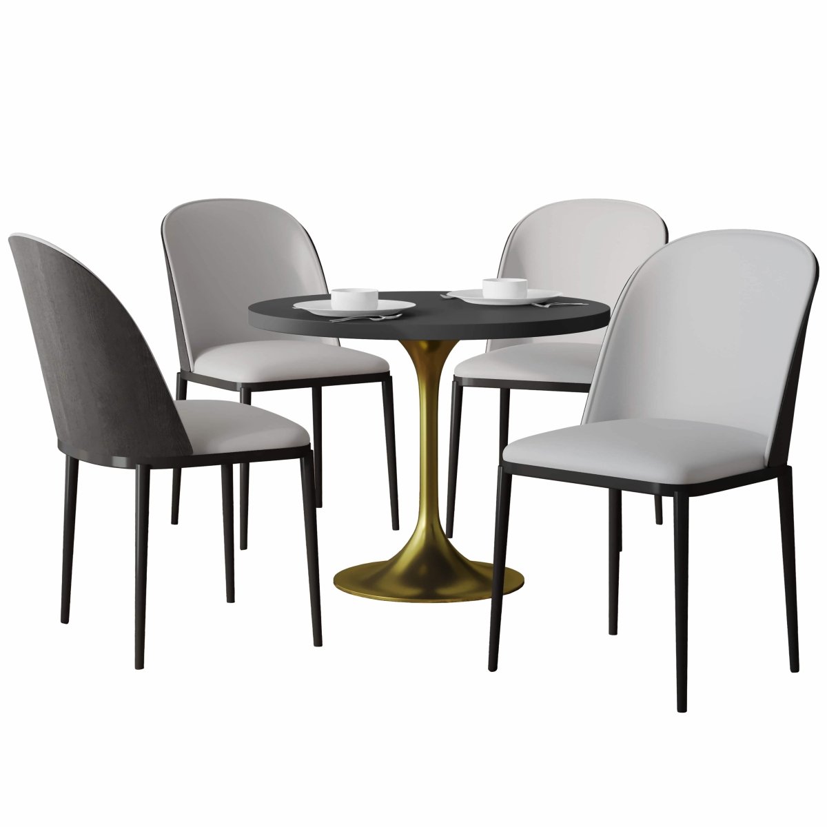 Verve 5-Piece Dining Set with 36" Round MDF Top Table and 4 Leather Dining Side Chairs Suede Fabric Black Platinum Blue Dining Set Leisuremod