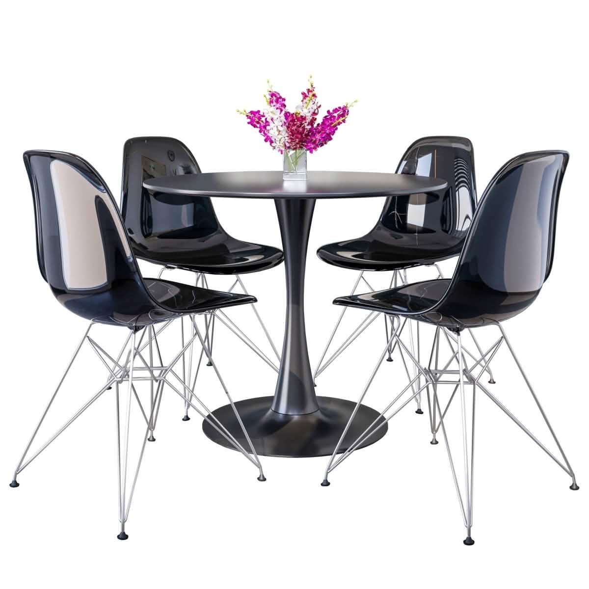Bristol 5-Piece Dining Set 35" Round Dining Table in Black Iron - 4 ABS Plastic Side Chair in Chrome Transparent Black Dining Set Leisuremod