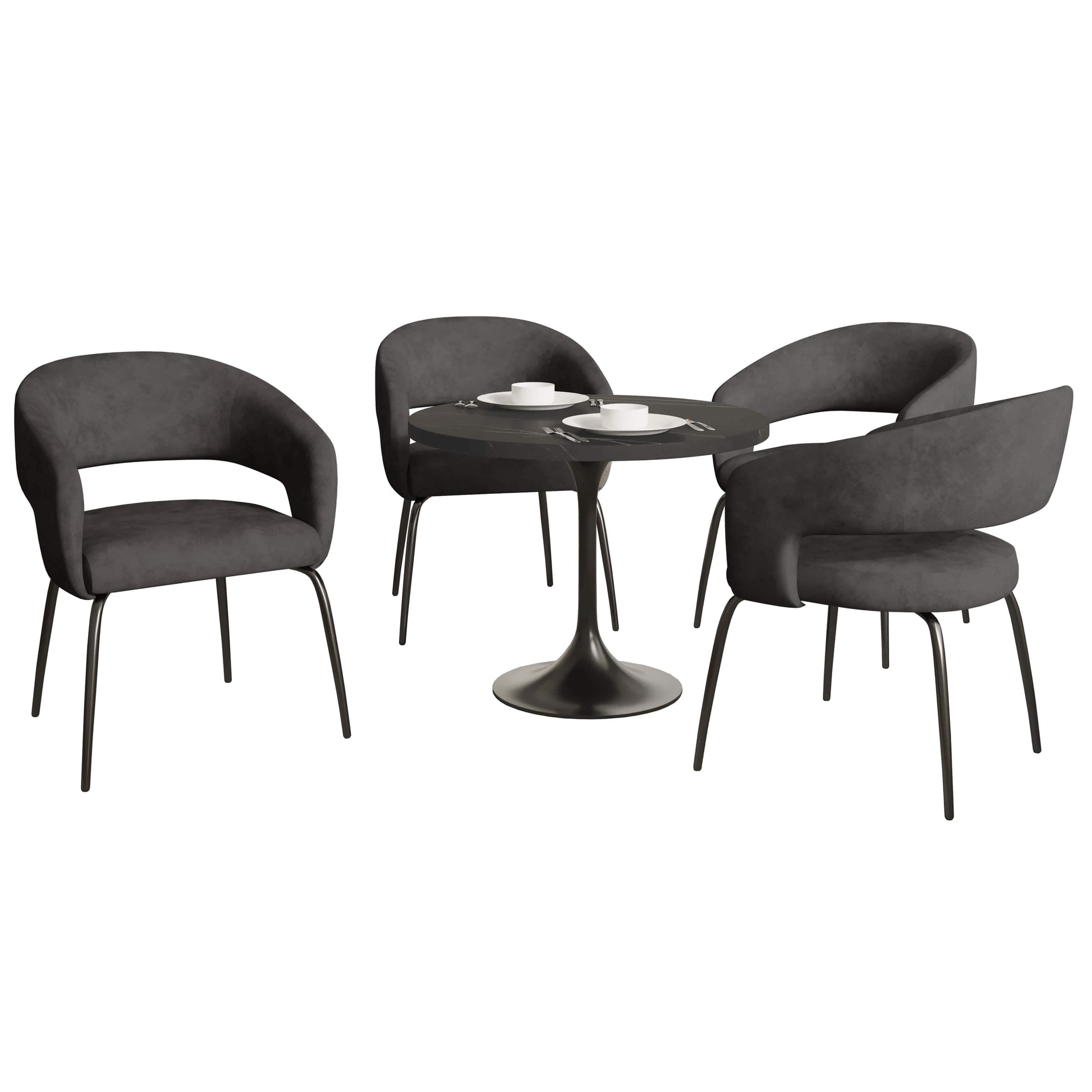 Leisuremod Dining Set Velvet / Charcoal Verve 5-Piece Dining Set with 36" Round Dining Table in Black MDF Top and 4 Dining Chairs Upholstered in Velvet/Leather