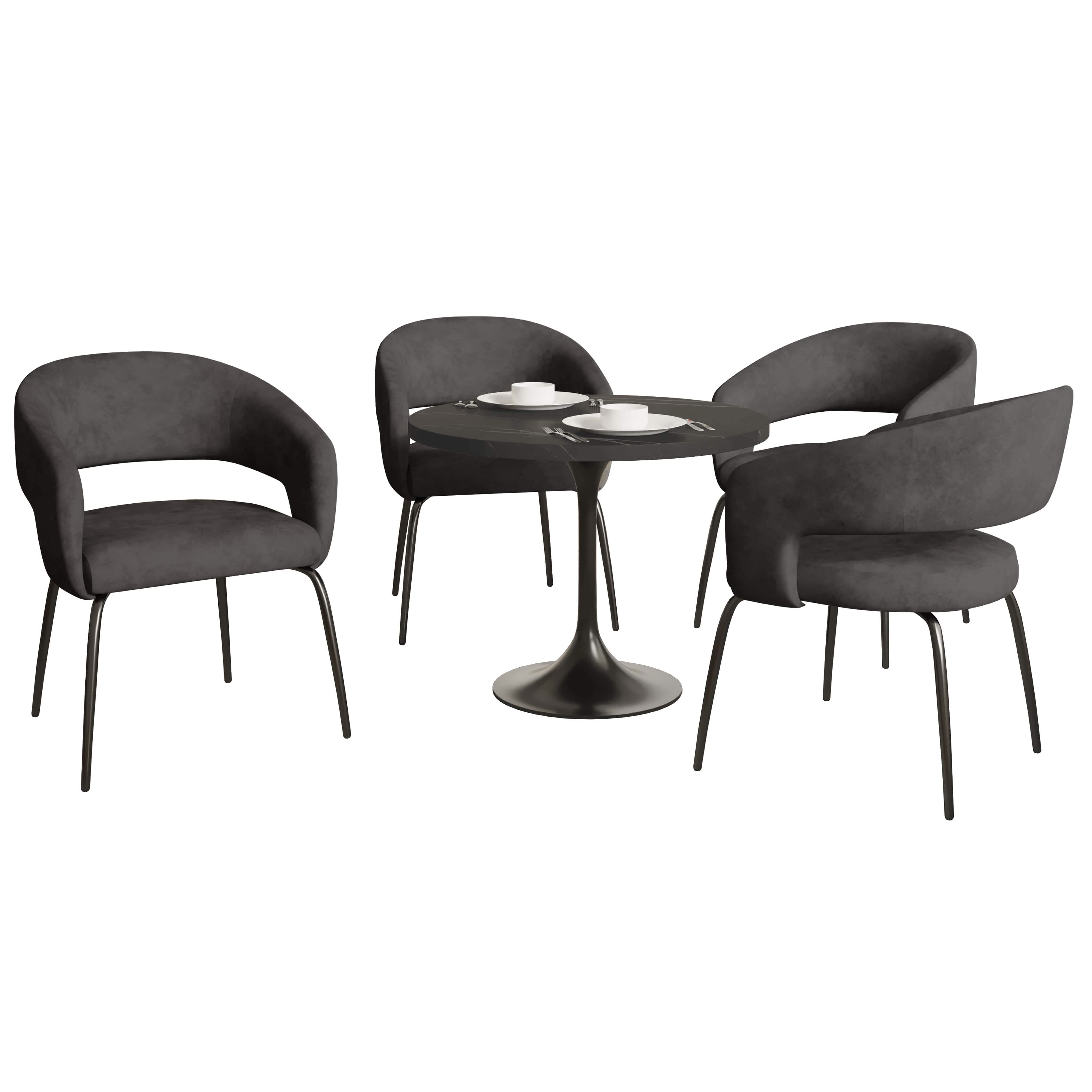 Leisuremod Dining Set Velvet / Charcoal Verve 5-Piece Dining Set with 36" Round Dining Table in Black MDF Top and 4 Dining Chairs Upholstered in Velvet/Leather