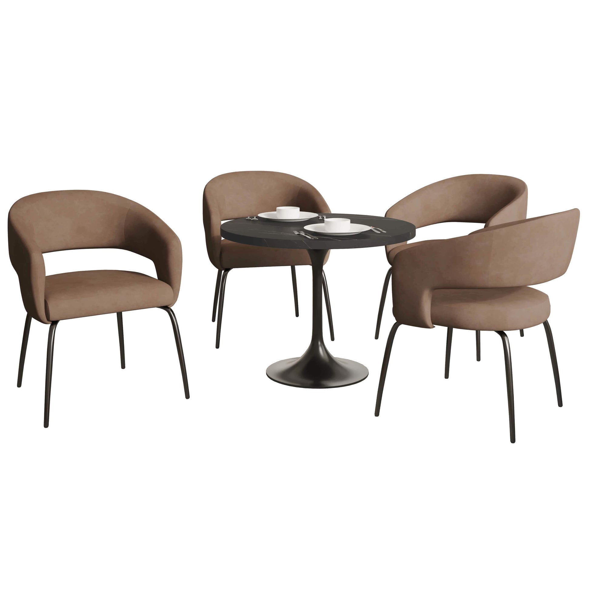 Leisuremod Dining Set Velvet / Light Brown Verve 5-Piece Dining Set with 36" Round Dining Table in Black MDF Top and 4 Dining Chairs Upholstered in Velvet/Leather