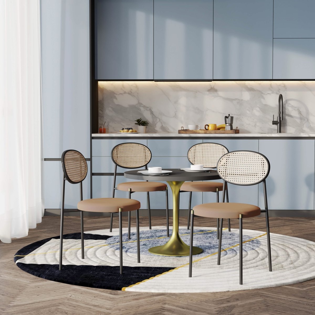 Verve 5-Piece Dining Set with 36" Round Dining Table Black MDF Top and Gold Base with 4 Velvet Dining Chairs in Black Steel Legs Brown Dining Set Leisuremod