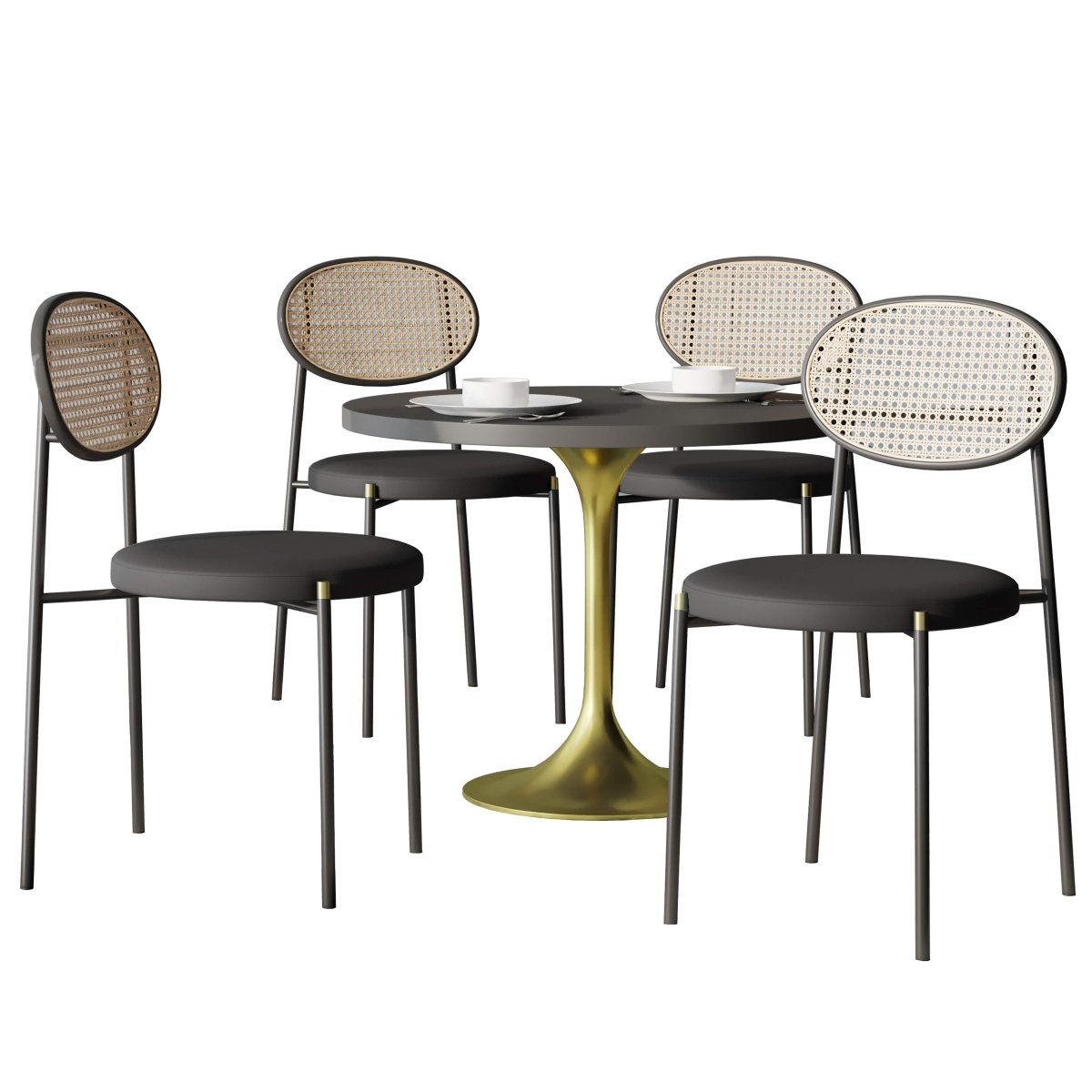 Verve 5-Piece Dining Set with 36" Round Dining Table Black MDF Top and Gold Base with 4 Velvet Dining Chairs in Black Steel Legs Dining Set Leisuremod
