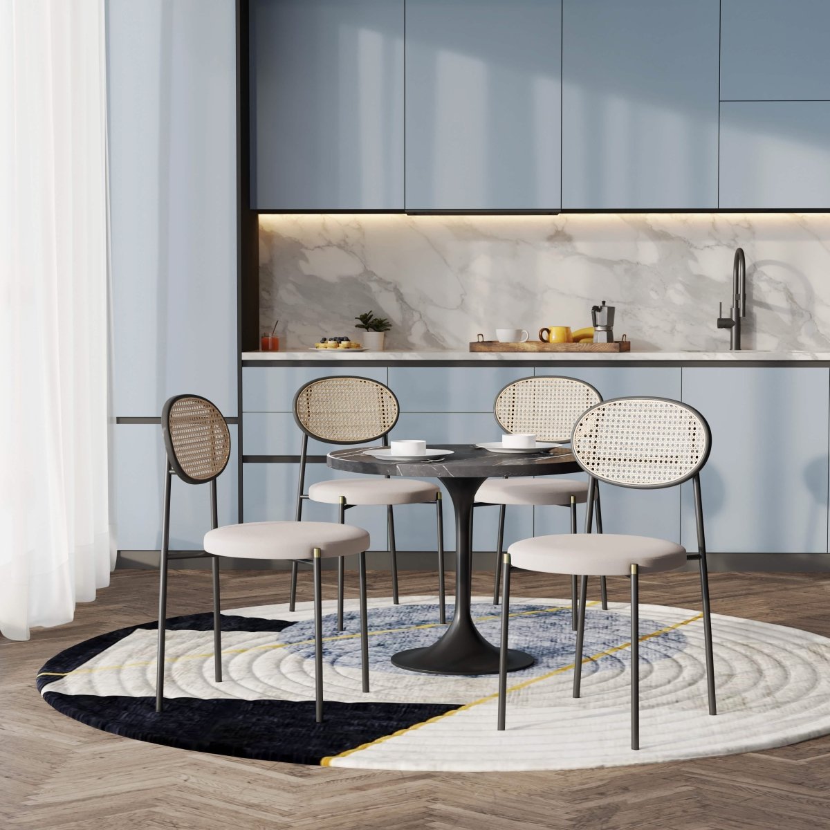 Verve 5-Piece Dining Set with 36" Round Dining Table Black Sintered Stone Top and Black Pedestal with 4 Velvet Dining Chairs Dining Set Leisuremod