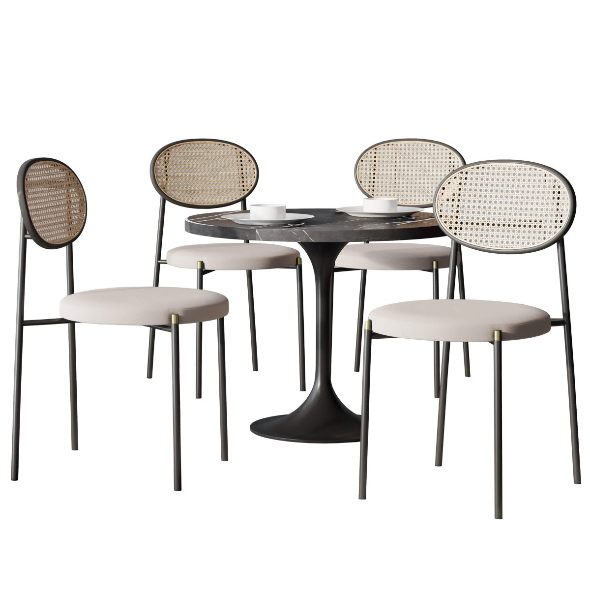 Verve 5-Piece Dining Set with 36" Round Dining Table Black Sintered Stone Top and Black Pedestal with 4 Velvet Dining Chairs Dining Set Leisuremod