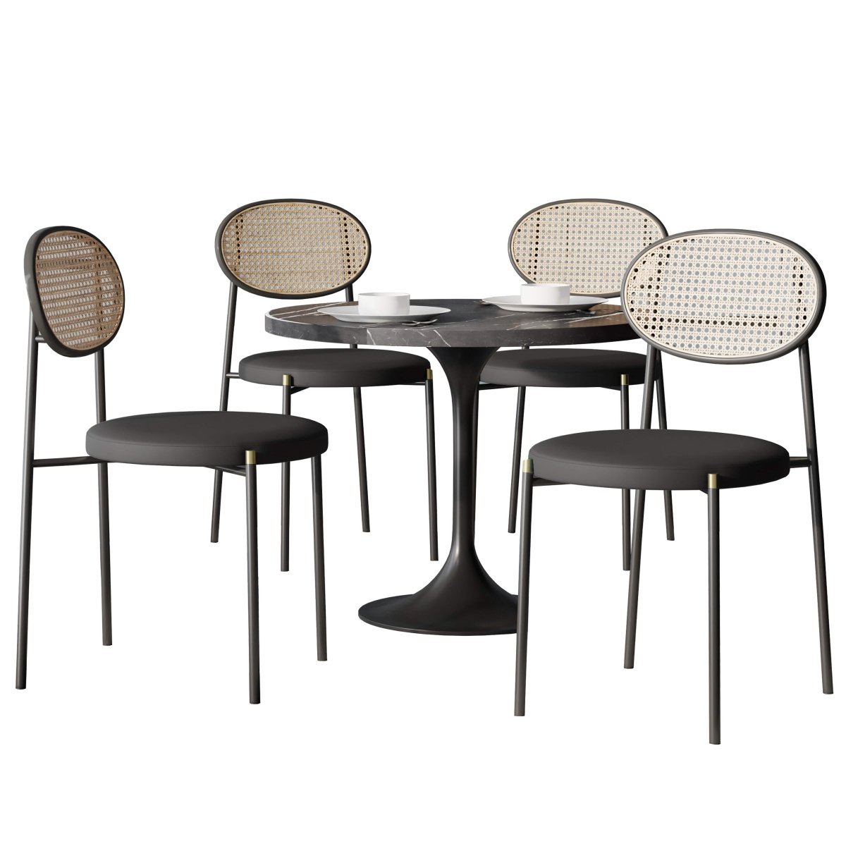 Verve 5-Piece Dining Set with 36" Round Dining Table Black Sintered Stone Top and Black Pedestal with 4 Velvet Dining Chairs Dining Set Leisuremod