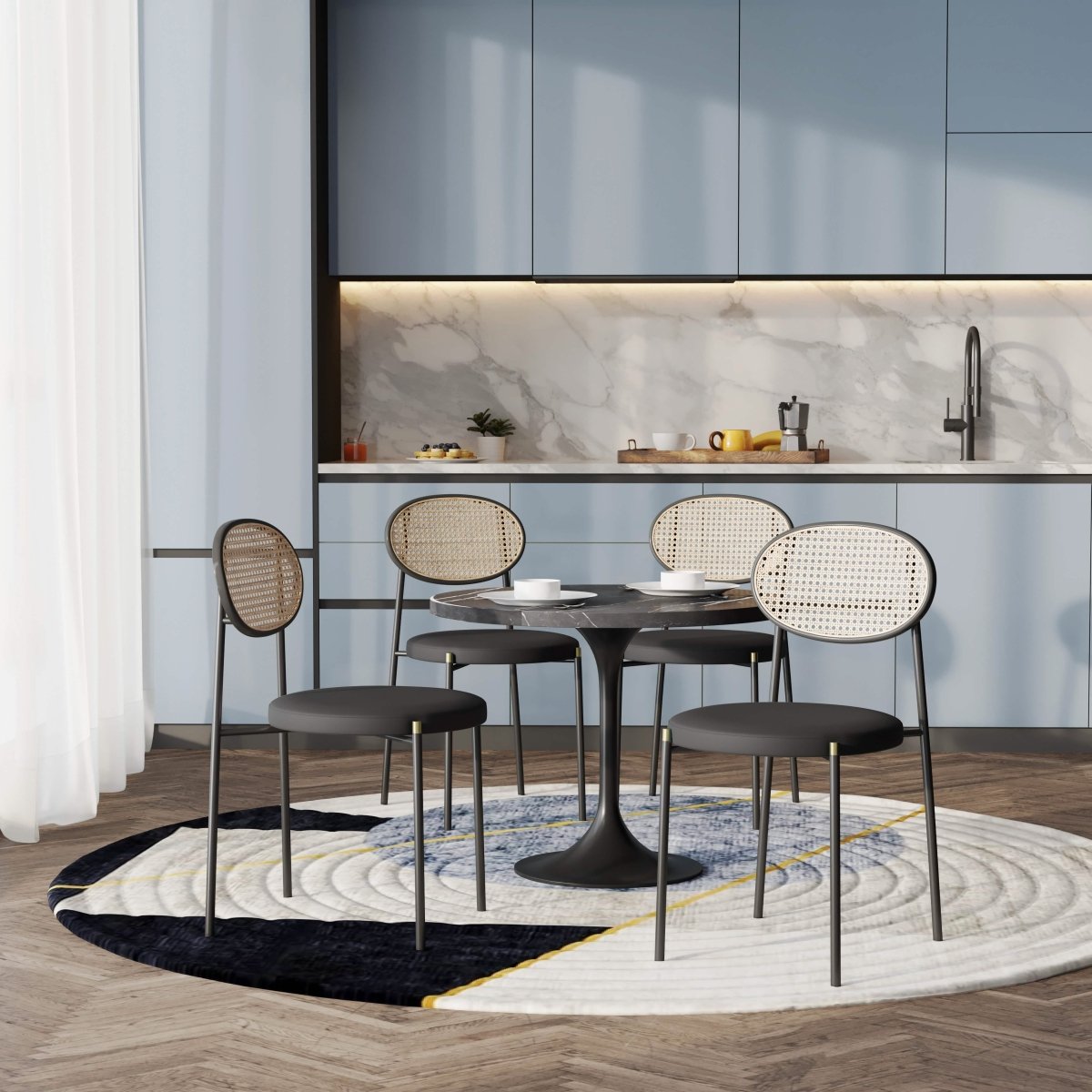 Verve 5-Piece Dining Set with 36" Round Dining Table Black Sintered Stone Top and Black Pedestal with 4 Velvet Dining Chairs Dining Set Leisuremod