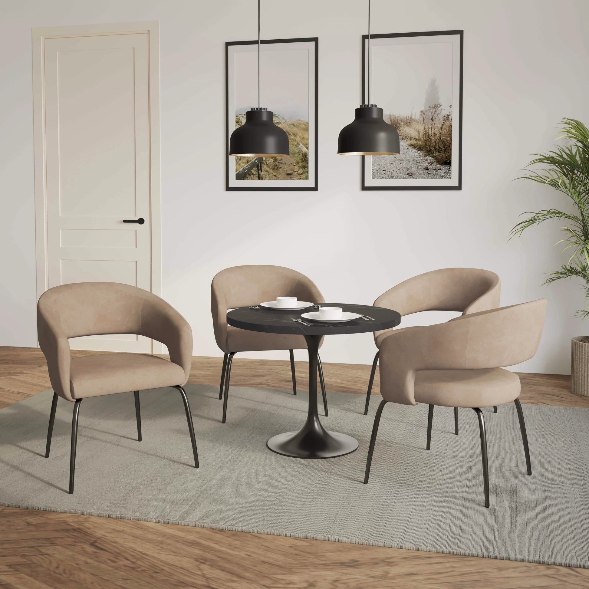 Leisuremod Dining Set Verve 5-Piece Dining Set with 36" Round Dining Table in Black MDF Top and 4 Dining Chairs Upholstered in Velvet/Leather