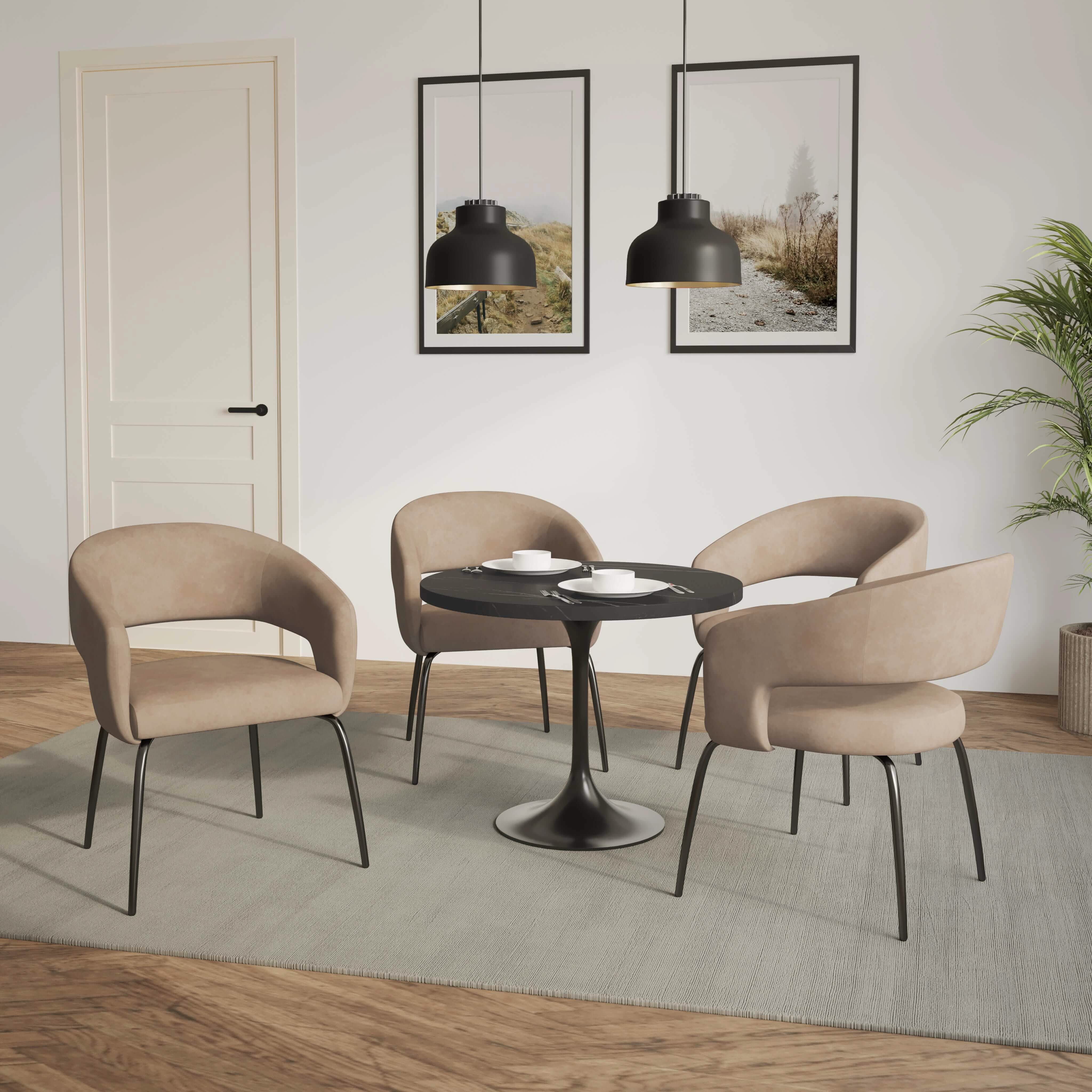 Leisuremod Dining Set Verve 5-Piece Dining Set with 36" Round Dining Table in Black MDF Top and 4 Dining Chairs Upholstered in Velvet/Leather