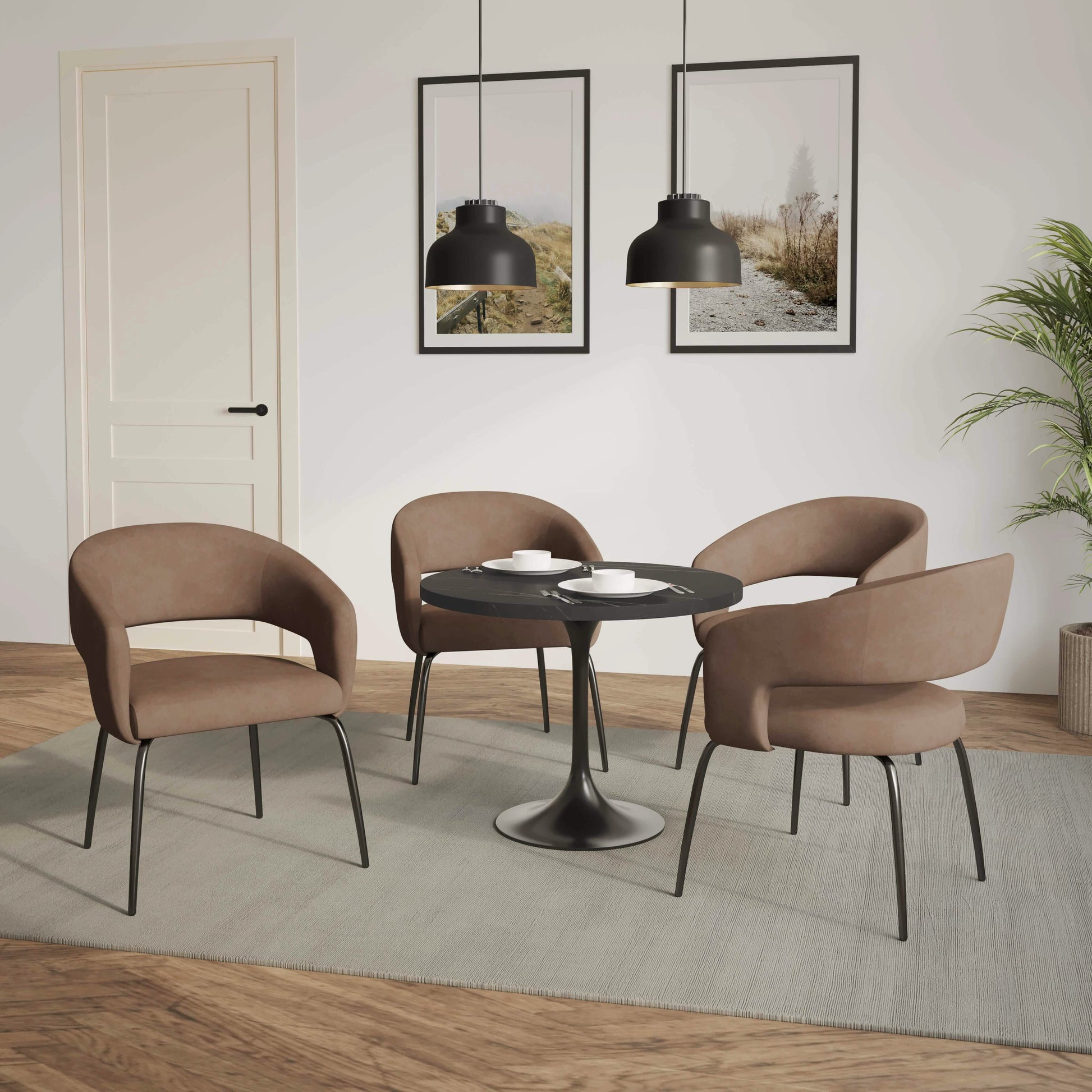 Leisuremod Dining Set Verve 5-Piece Dining Set with 36" Round Dining Table in Black MDF Top and 4 Dining Chairs Upholstered in Velvet/Leather