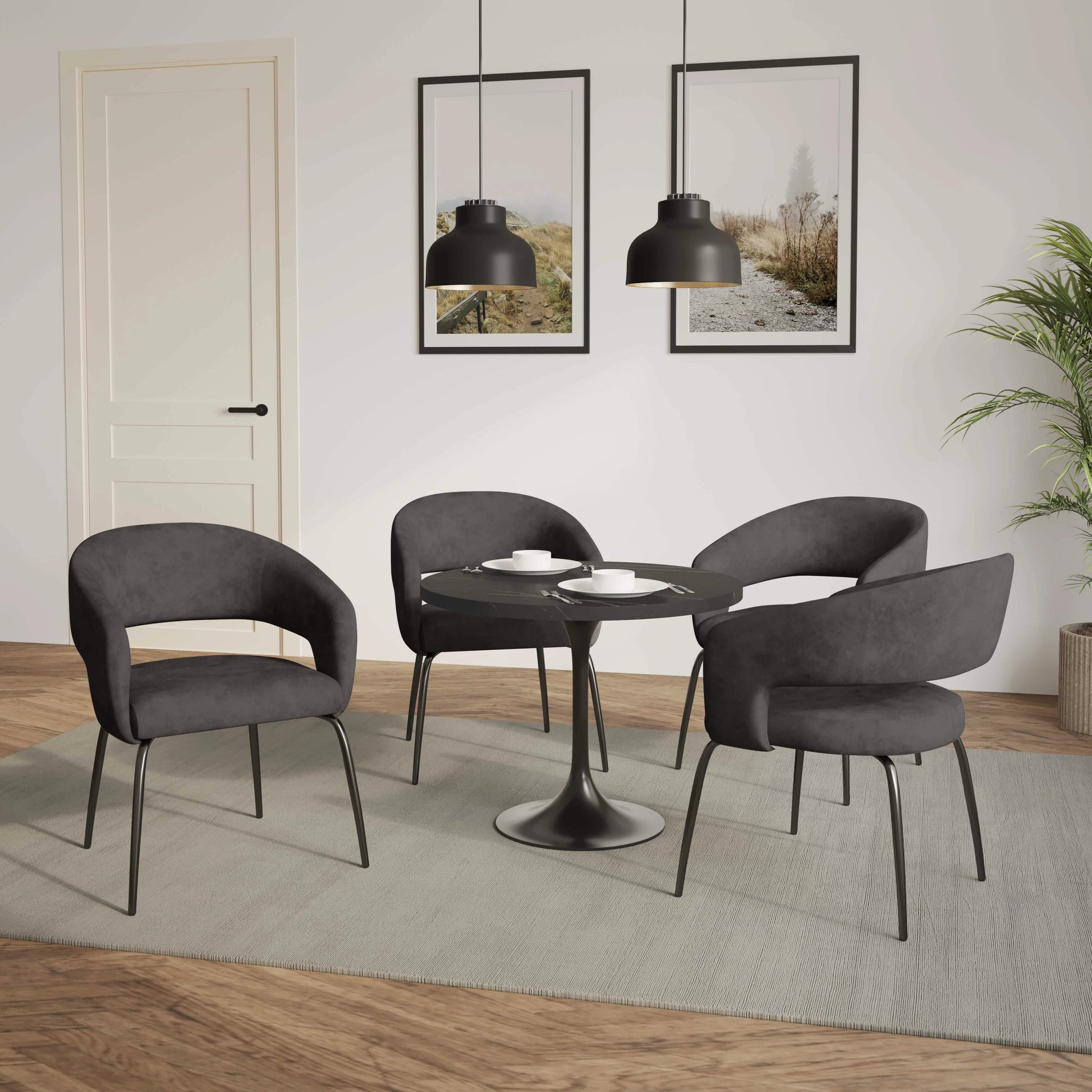 Leisuremod Dining Set Verve 5-Piece Dining Set with 36" Round Dining Table in Black MDF Top and 4 Dining Chairs Upholstered in Velvet/Leather