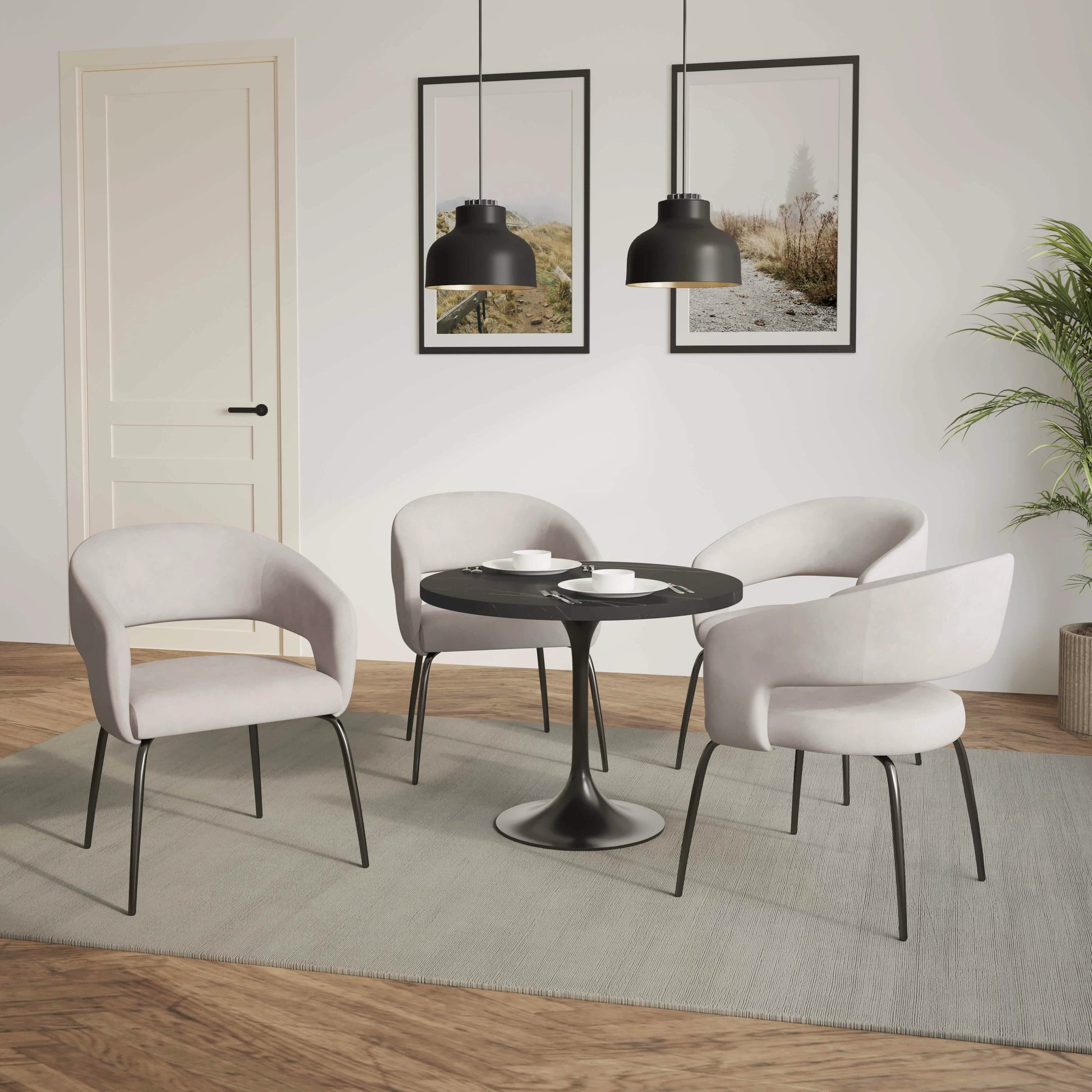 Leisuremod Dining Set Verve 5-Piece Dining Set with 36" Round Dining Table in Black MDF Top and 4 Dining Chairs Upholstered in Velvet/Leather