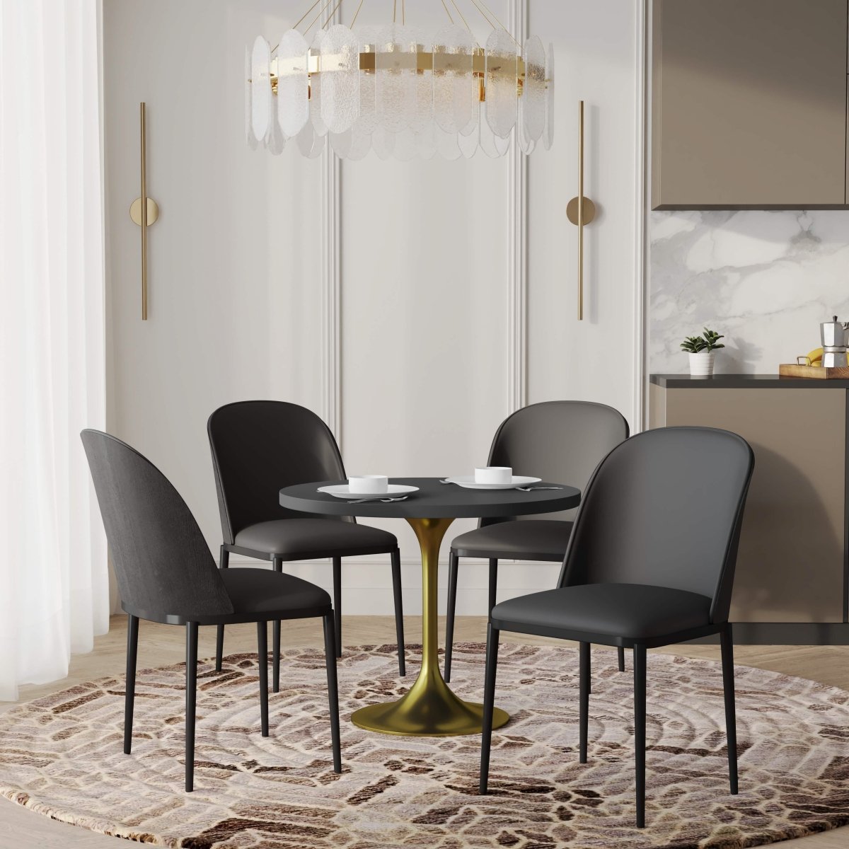Verve 5-Piece Dining Set with 36" Round MDF Top Table and 4 Leather Dining Side Chairs Velvet Black Black Dining Set Leisuremod
