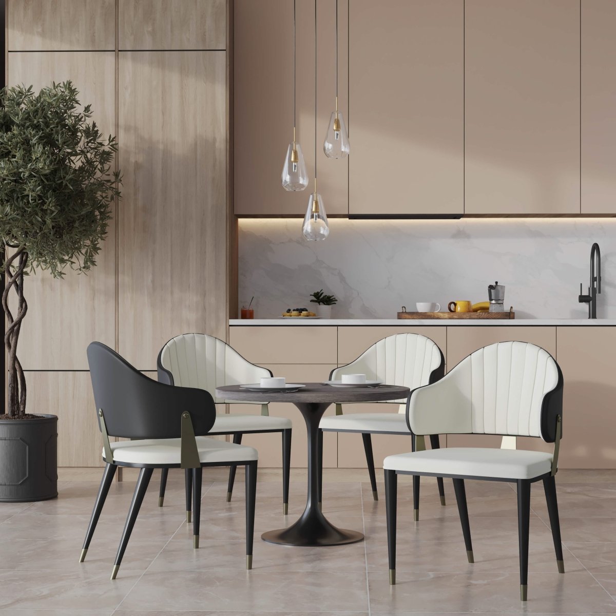 Verve 5-Piece Dining Set with 36" Round Resin Top Table and 4 Leather Dining Chair Black Dining Set Leisuremod