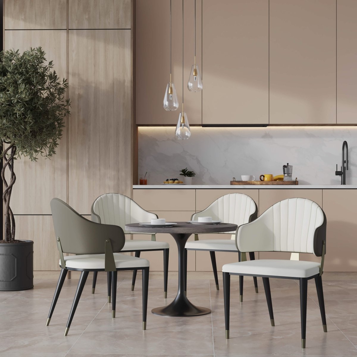 Verve 5-Piece Dining Set with 36" Round Resin Top Table and 4 Leather Dining Chair Grey Dining Set Leisuremod