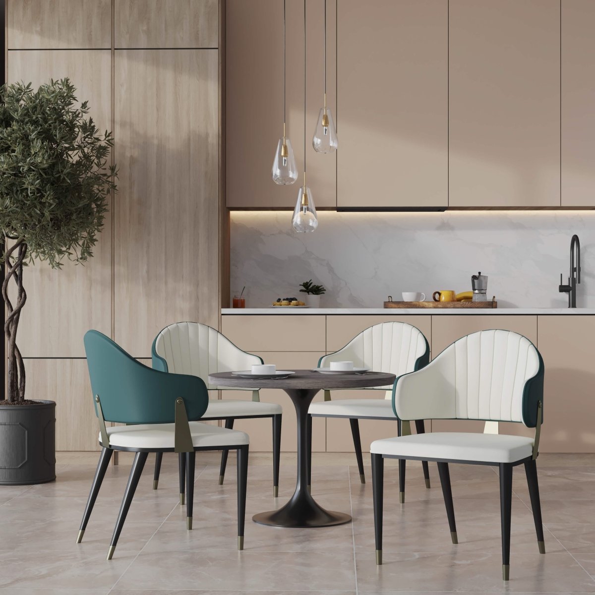 Verve 5-Piece Dining Set with 36" Round Resin Top Table and 4 Leather Dining Chair Green Dining Set Leisuremod