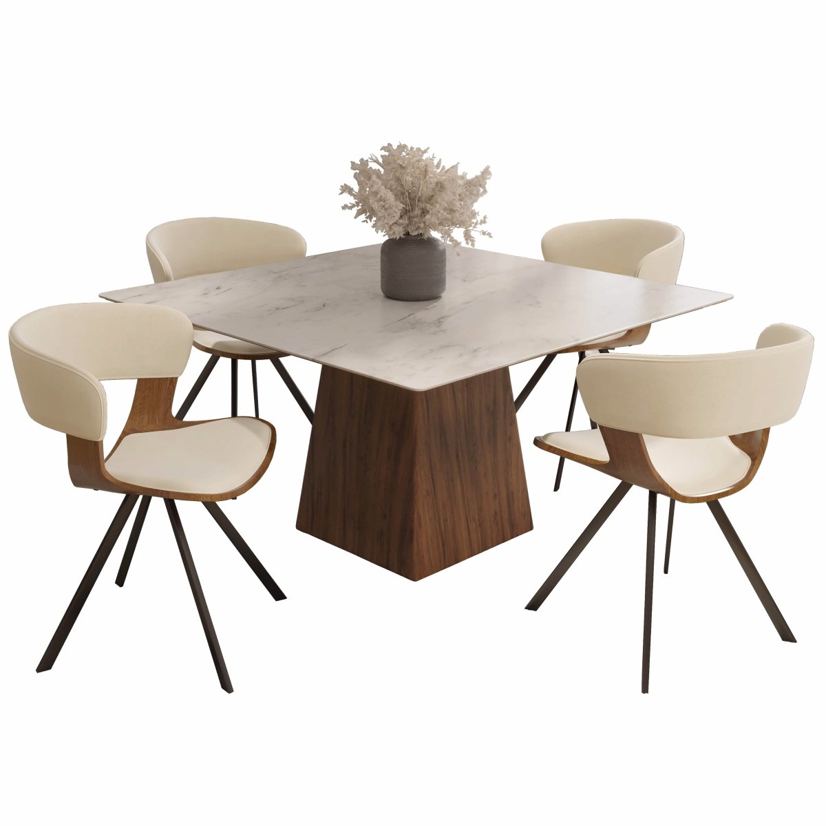 Zephry 5-Piece Dining Set with Square Dining Table White Sintered Stone Top and 4 Leather Dining Chairs Walnut Beige Dining Set Leisuremod