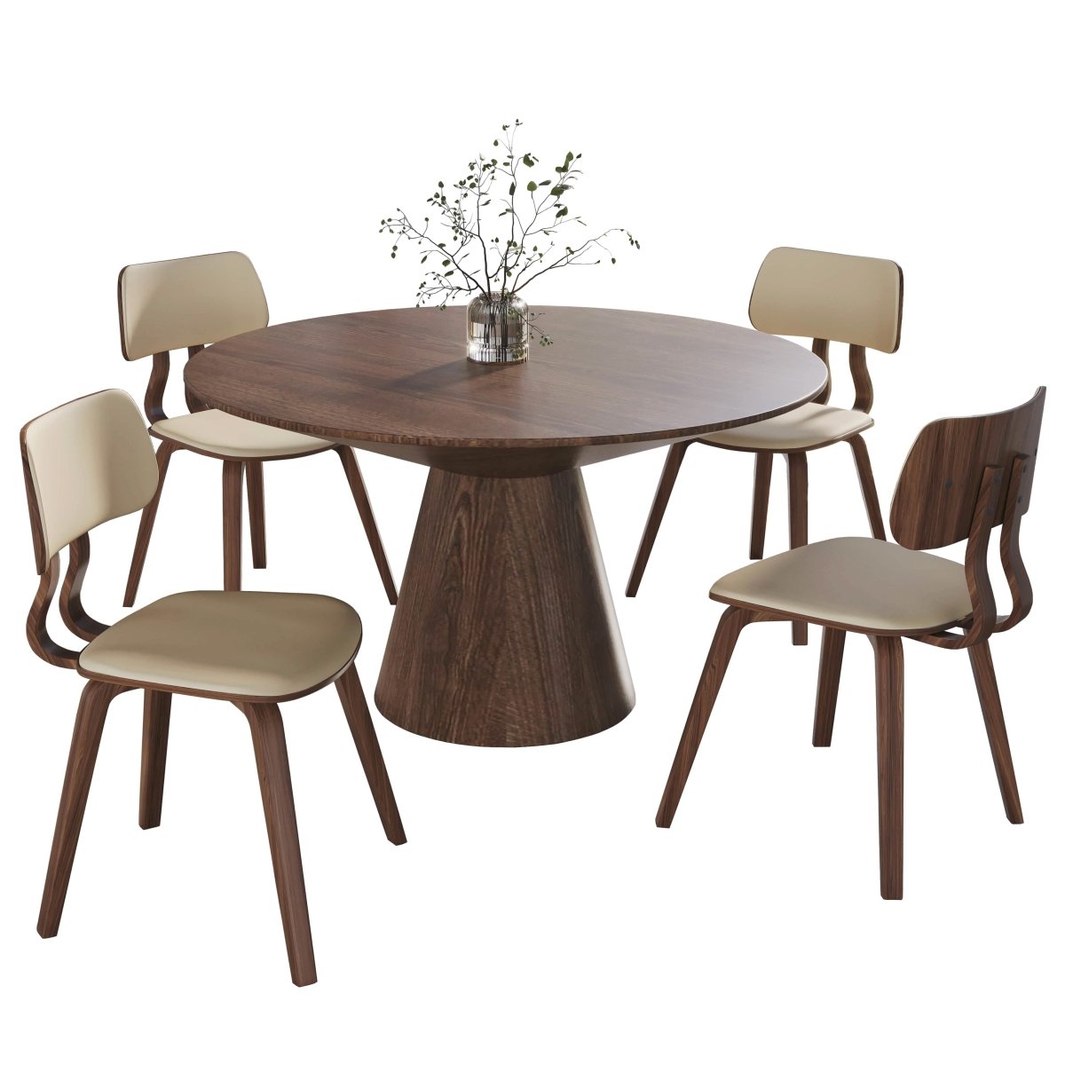 Fynix 5-Piece Dining Set with Round Wooden Table in Walnut and 4 Leather Dining Chairs Walnut Cream Dining Set Leisuremod