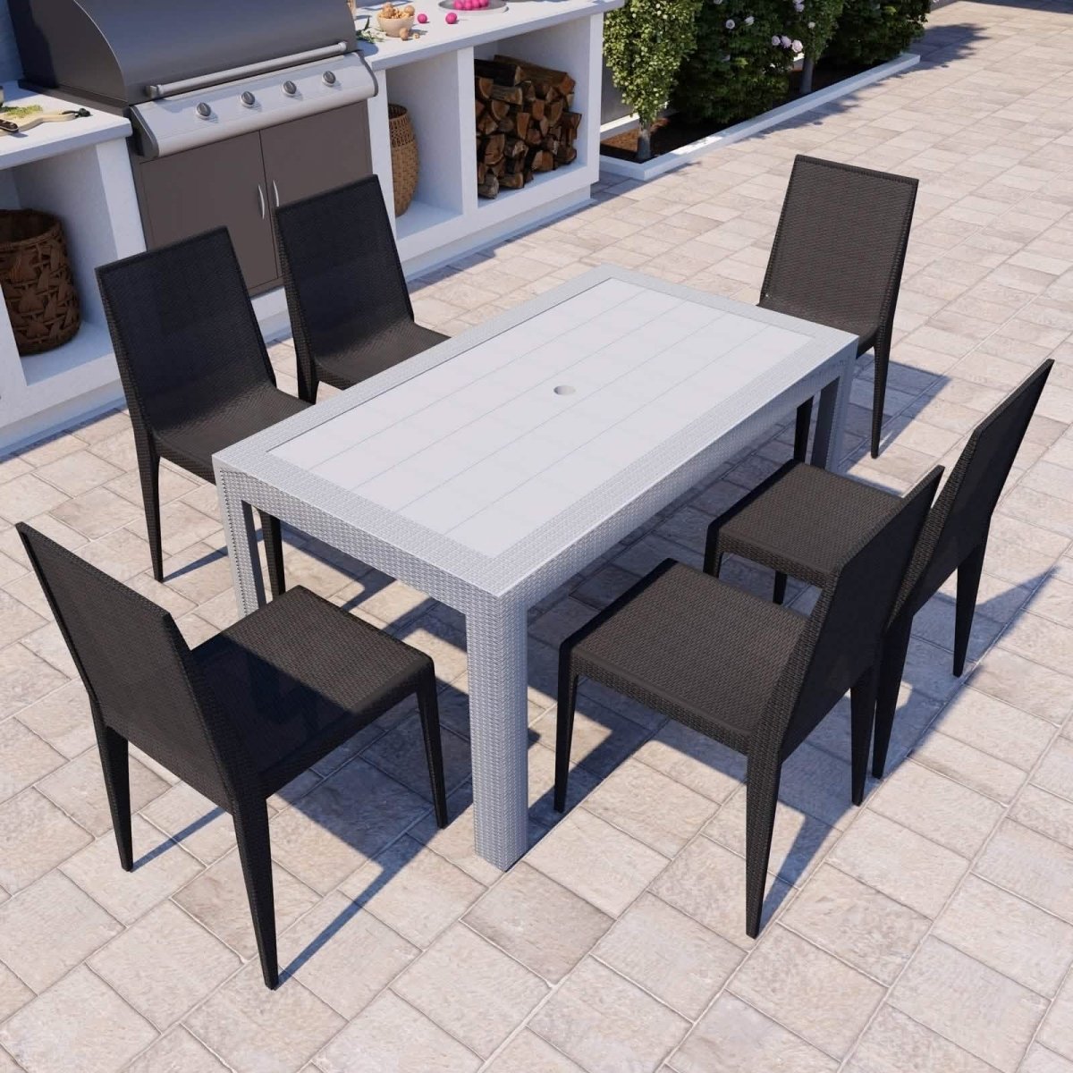 Mace Mid-Century 7-Piece Outdoor Dining Set White and Black Dining Set Leisuremod