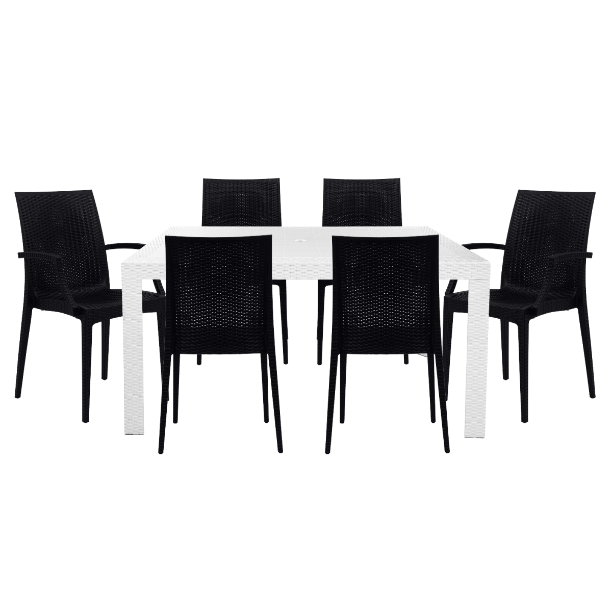 Mace Mid-Century 7-Piece Outdoor Dining Set: 4 Side Chairs & 2 Armchairs White and Black Dining Set Leisuremod