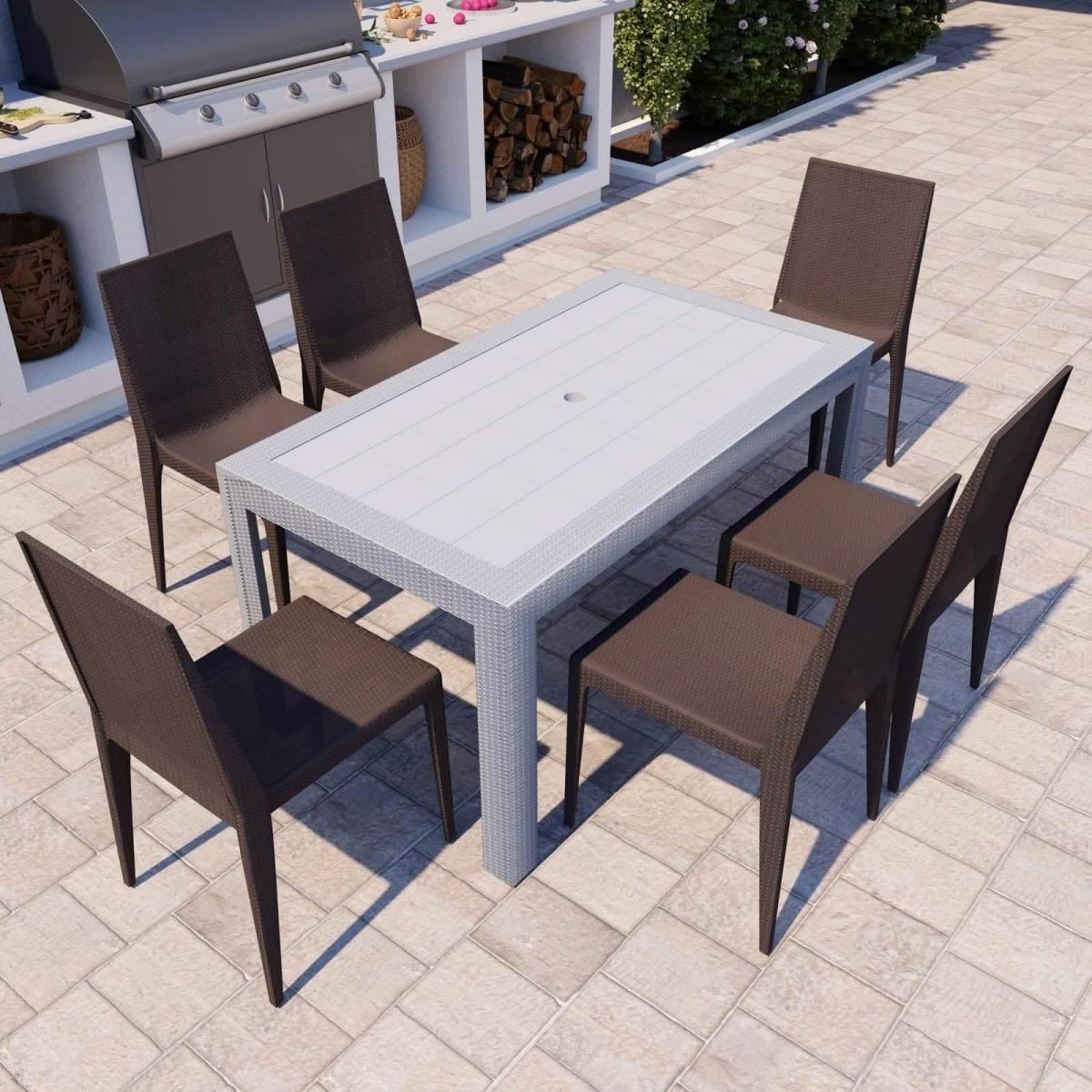 Mace Mid-Century 7-Piece Outdoor Dining Set White and Brown Dining Set Leisuremod