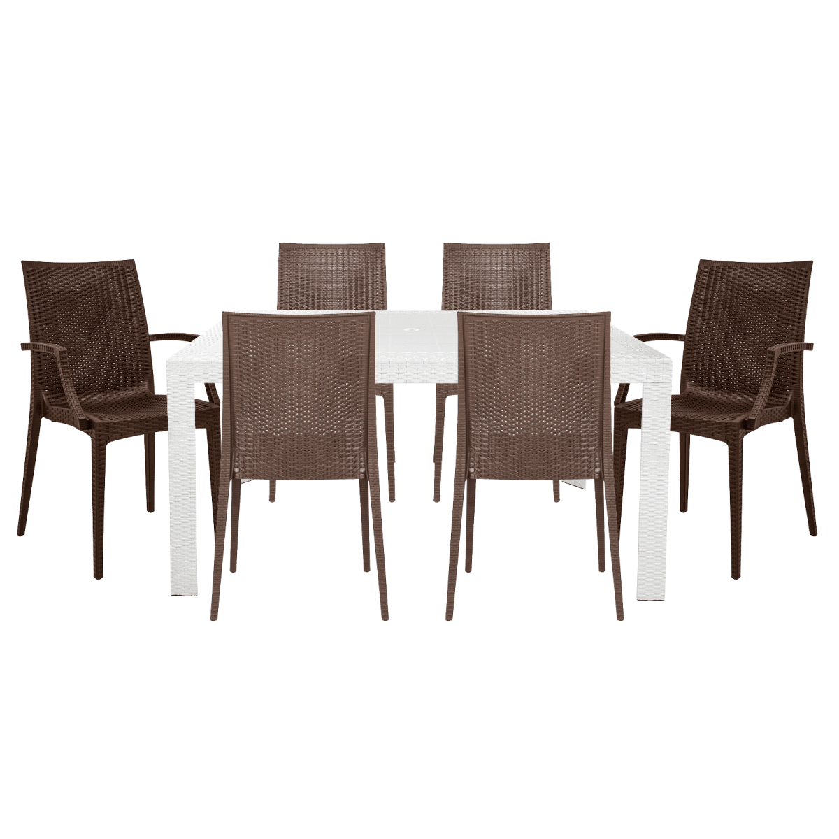 Mace Mid-Century 7-Piece Outdoor Dining Set: 4 Side Chairs & 2 Armchairs White and Brown Dining Set Leisuremod