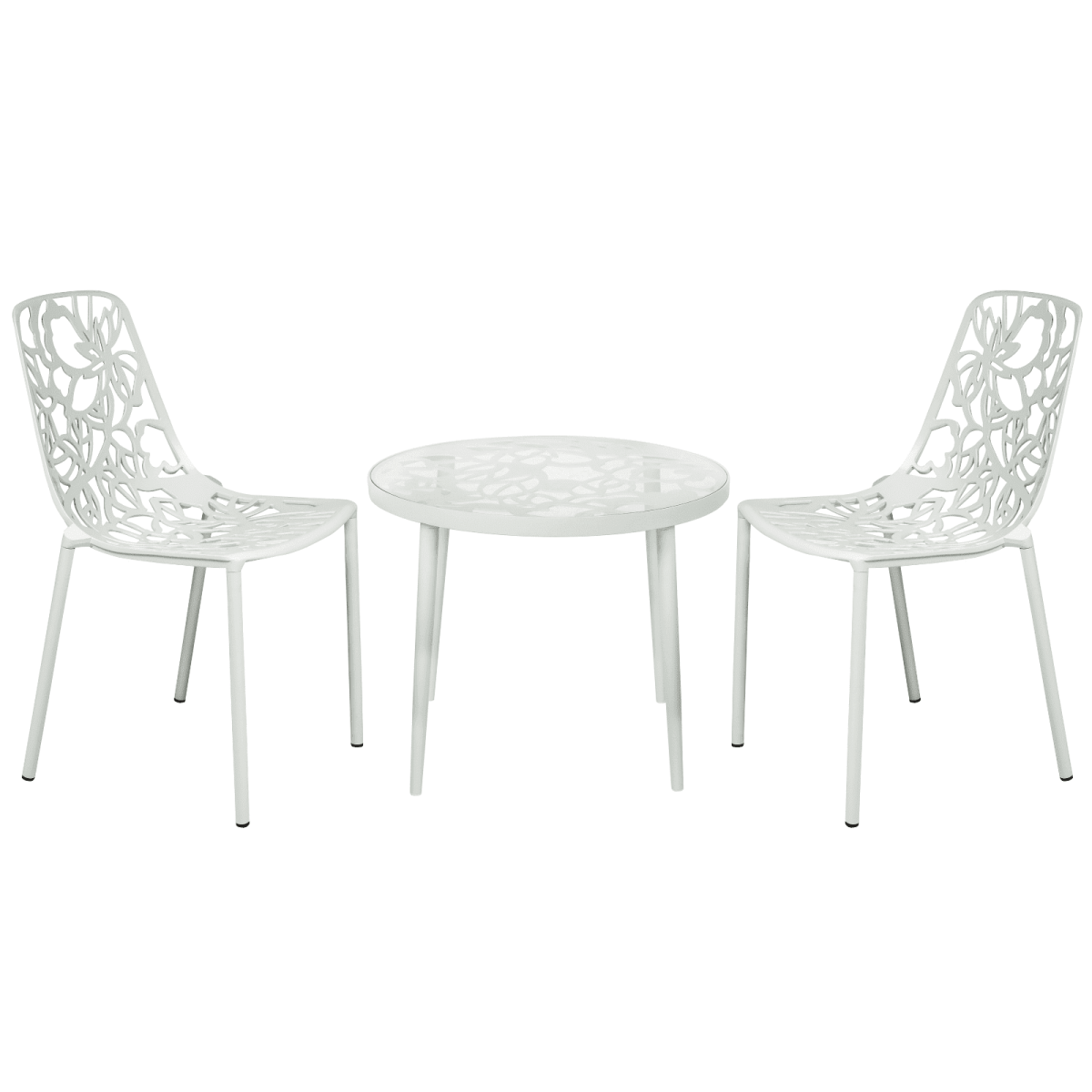 Devon 3-Piece Patio Dining Set: Aluminum Table with Glass Top & 2 Stackable Flower Chairs White Dining Set Leisuremod