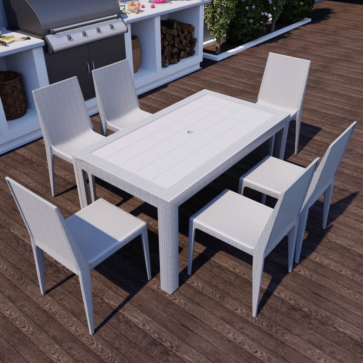 Mace Mid-Century 7-Piece Outdoor Dining Set White Dining Set Leisuremod