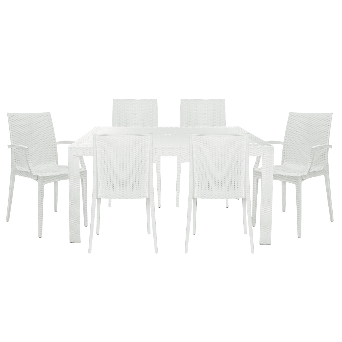 Mace Mid-Century 7-Piece Outdoor Dining Set: 4 Side Chairs & 2 Armchairs White Dining Set Leisuremod