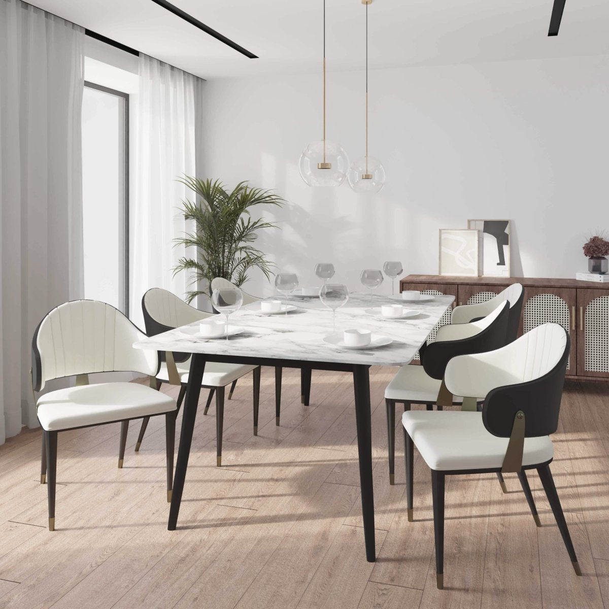 Zayle 7-Piece Dining Set with 55" Rectangular Dining Table in White/Gold Sintered Stone Top and 6 Leather Dining Chairs Grey Dining Set Leisuremod