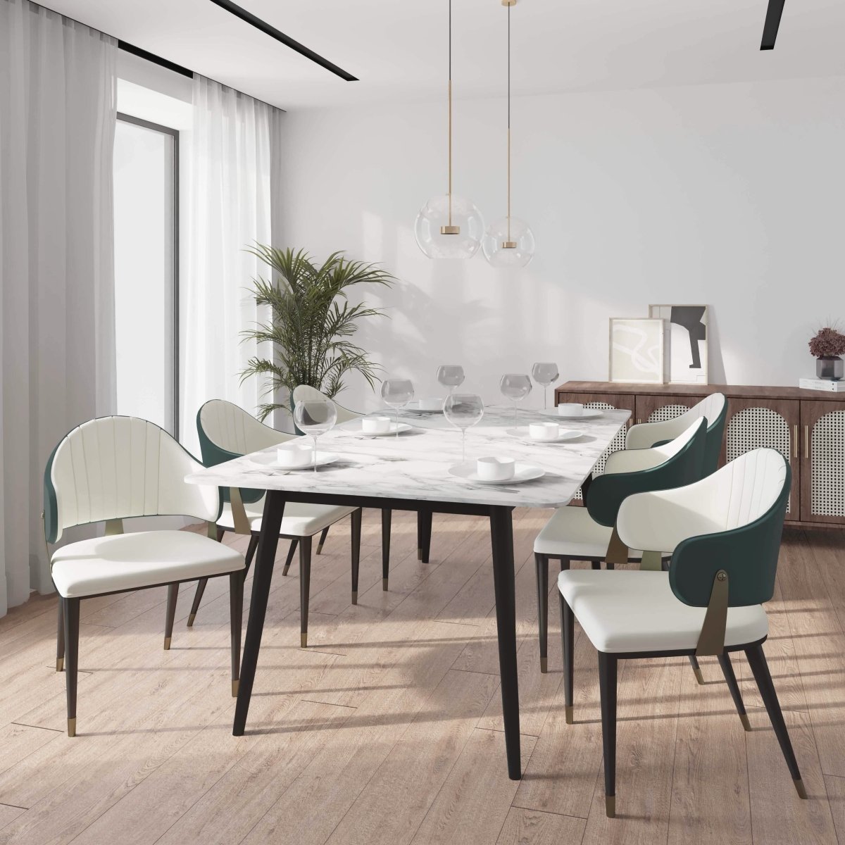 Zayle 7-Piece Dining Set with 55" Rectangular Dining Table in White/Gold Sintered Stone Top and 6 Leather Dining Chairs Green Dining Set Leisuremod