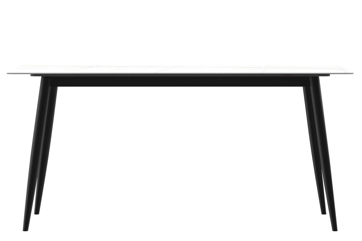 Zayle 7-Piece Dining Set with 55" Rectangular Dining Table in White/Gold Sintered Stone Top and 6 Leather Dining Chairs Black Dining Set Leisuremod