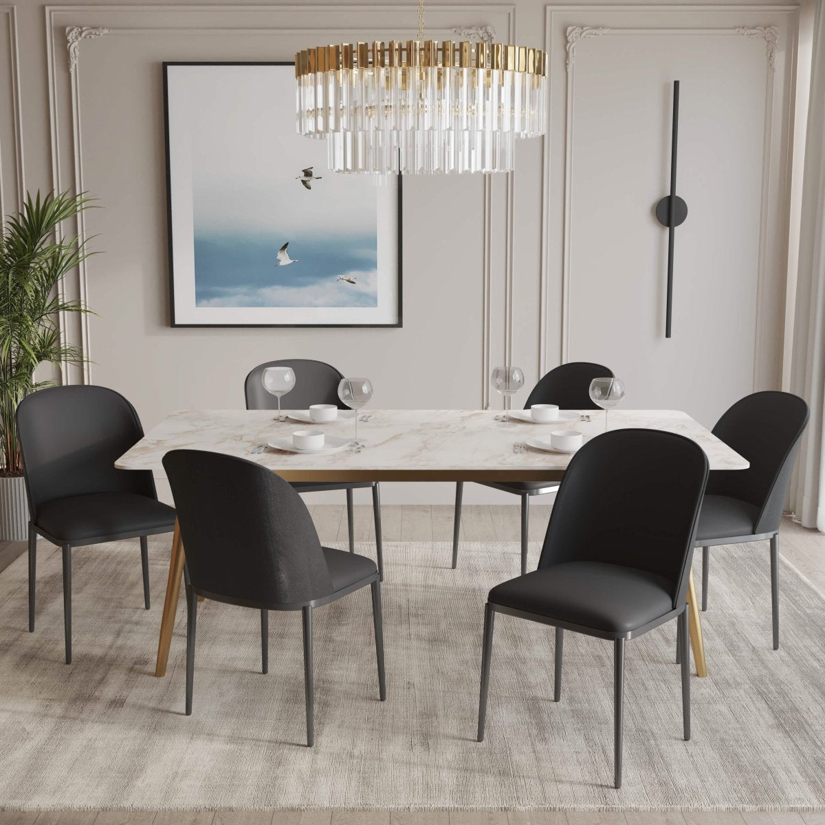 Zayle 7-Piece Dining Set with 55" Rectangular Dining Table in White Grey Sintered Stone Top and 6 Leather Dining Chairs Leather Black Black Dining Set Leisuremod