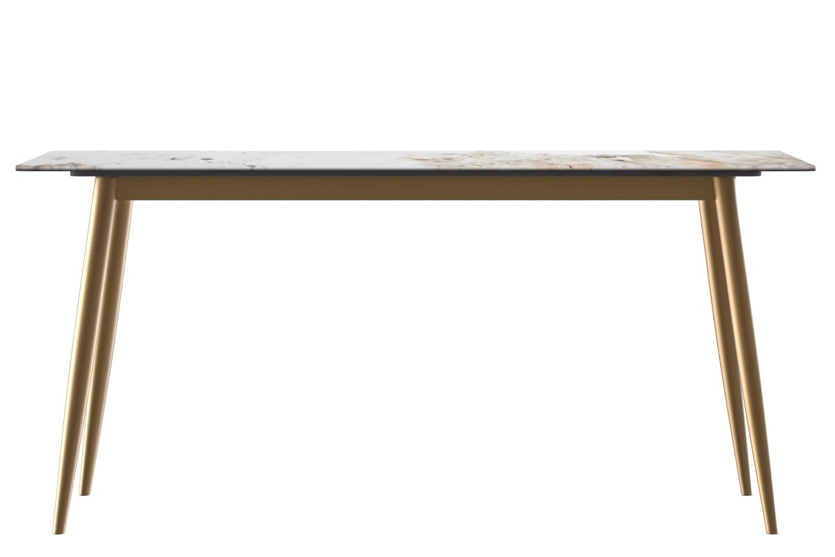 Zayle 7-Piece Dining Set with 55" Rectangular Dining Table in White Grey Sintered Stone Top and 6 Leather Dining Chairs Velvet Black Platinum Blue Dining Set Leisuremod