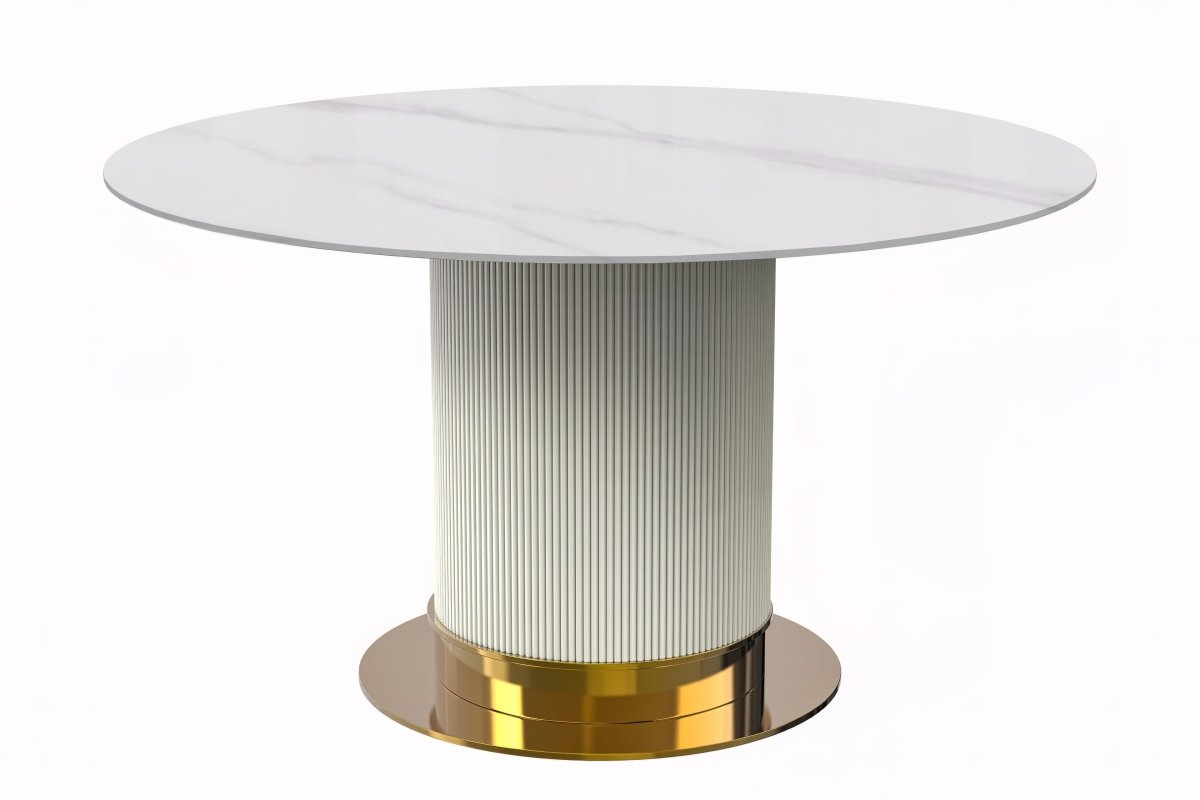 Leisuremod Dining Table 60" Wide / Solid White Jexis Round Dining Table with Glass/Sintered Stone Top and Stainless Steel Pedestal Base