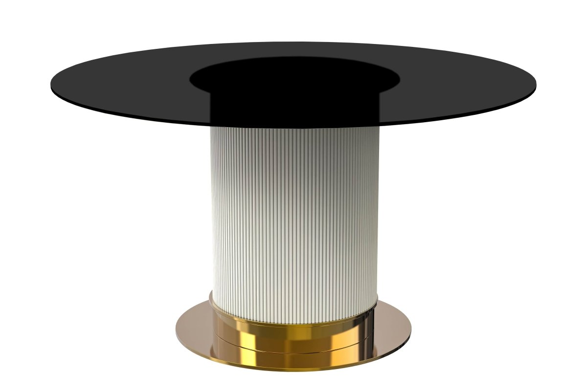 Leisuremod Dining Table 71" Wide / Black Jexis Round Dining Table with Glass/Sintered Stone Top and Stainless Steel Pedestal Base