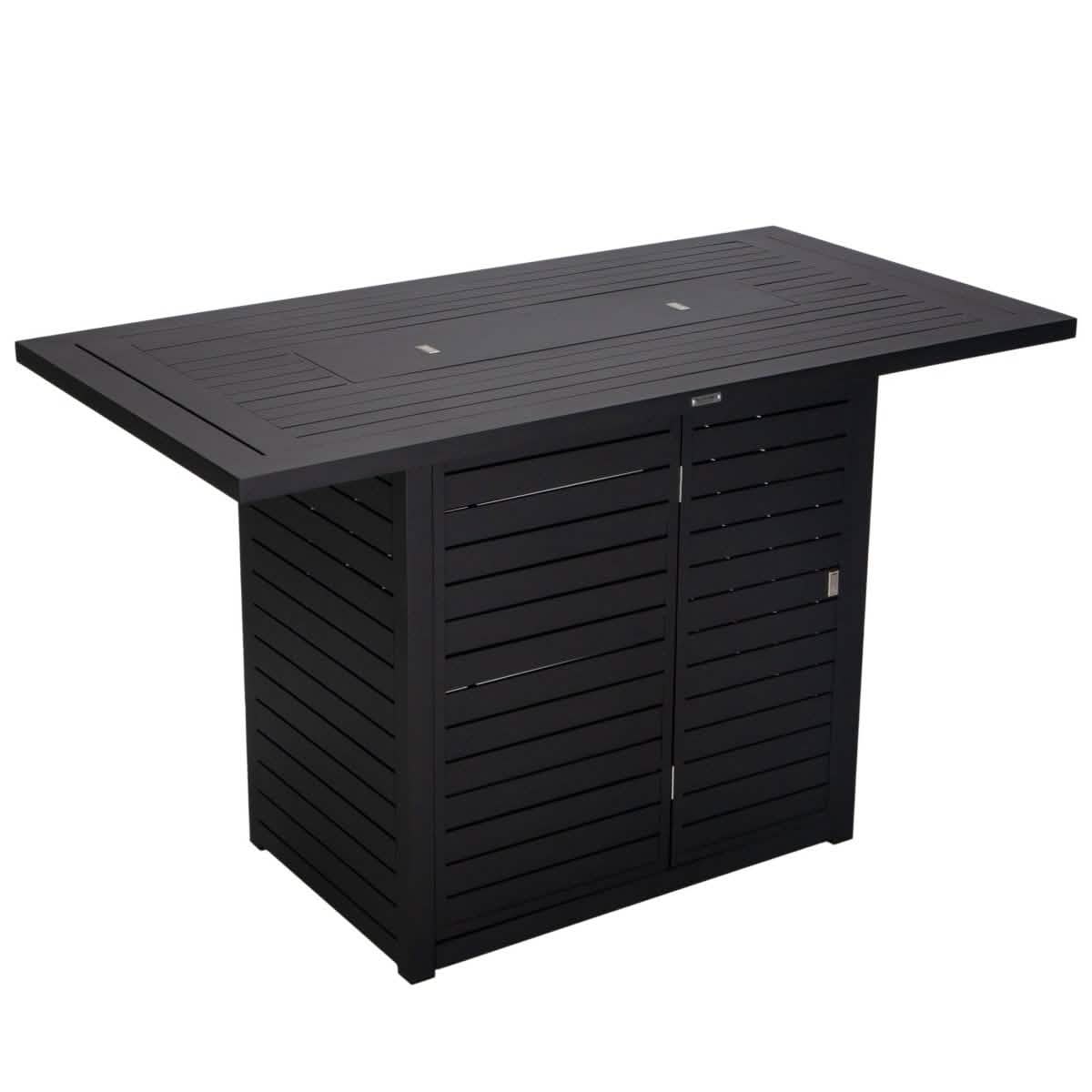 Chelsea Rectangular Aluminum Fire Pit Bar Table with Lid Glass Guard and Tank Holder Black Dining Table Leisuremod