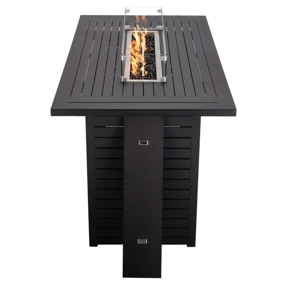 Chelsea Rectangular Aluminum Fire Pit Bar Table with Lid Glass Guard and Tank Holder Black Dining Table Leisuremod