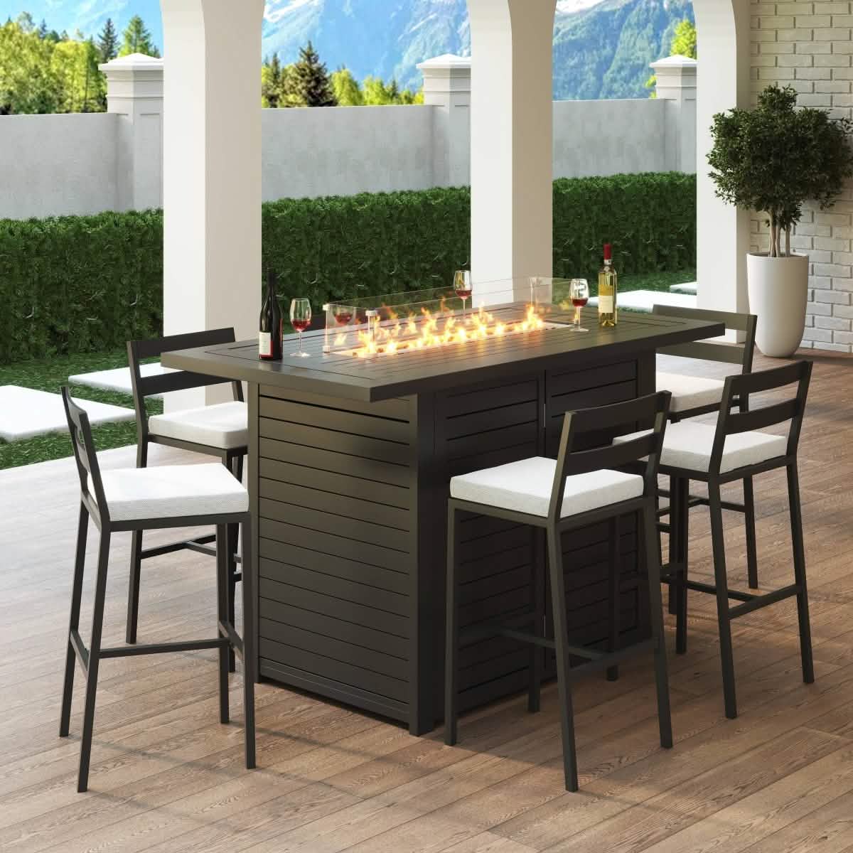 Chelsea Rectangular Aluminum Fire Pit Bar Table with Lid Glass Guard and Tank Holder Black Dining Table Leisuremod