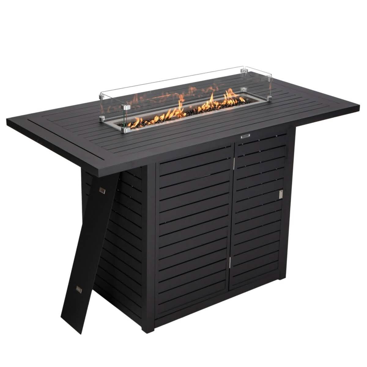 Chelsea Rectangular Aluminum Fire Pit Bar Table with Lid Glass Guard and Tank Holder Black Dining Table Leisuremod