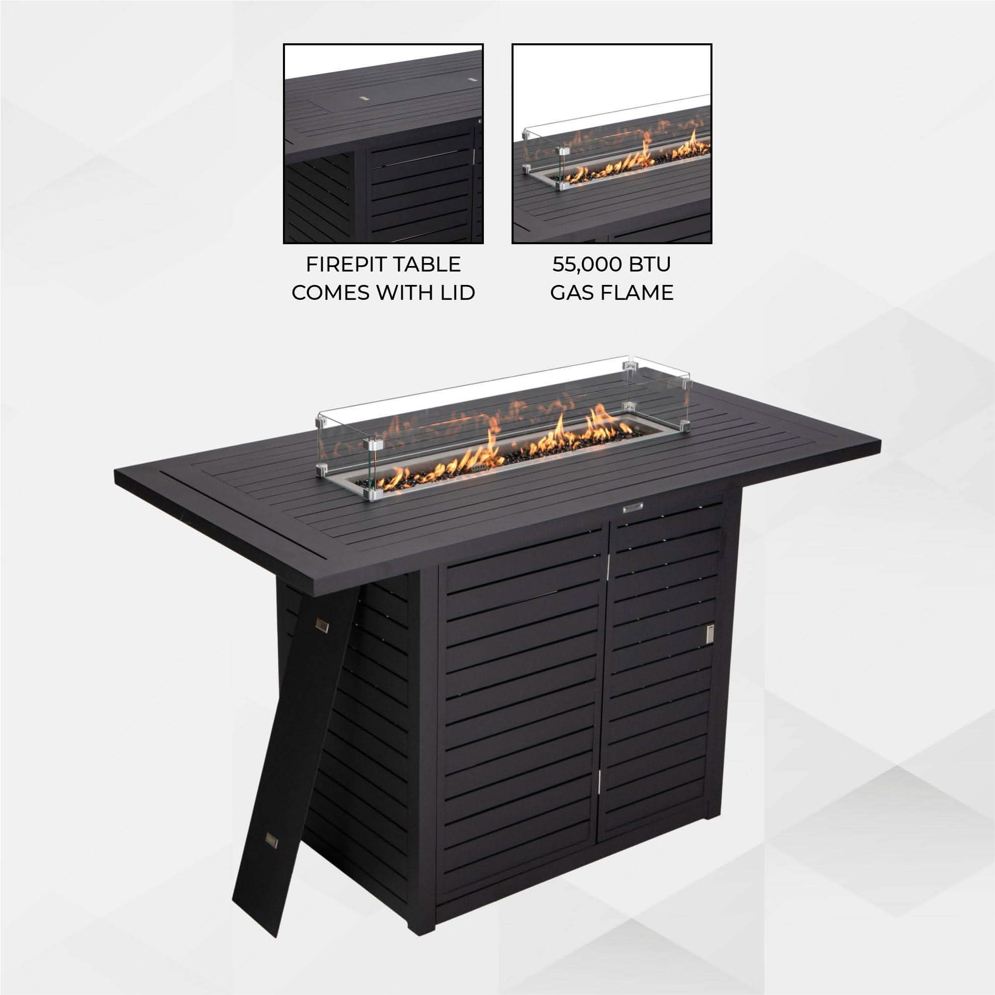 Chelsea Rectangular Aluminum Fire Pit Bar Table with Lid Glass Guard and Tank Holder Black Dining Table Leisuremod