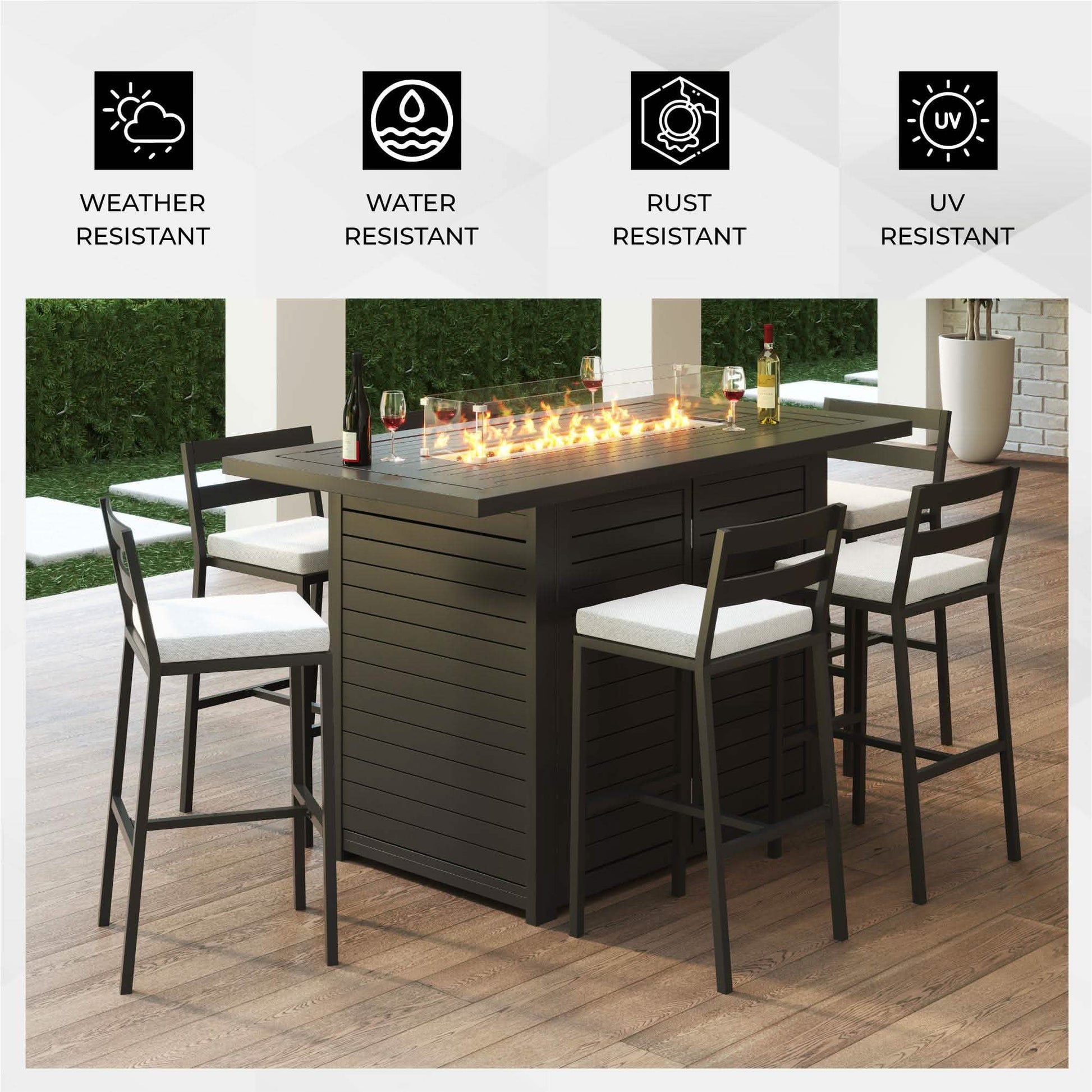 Chelsea Rectangular Aluminum Fire Pit Bar Table with Lid Glass Guard and Tank Holder Black Dining Table Leisuremod