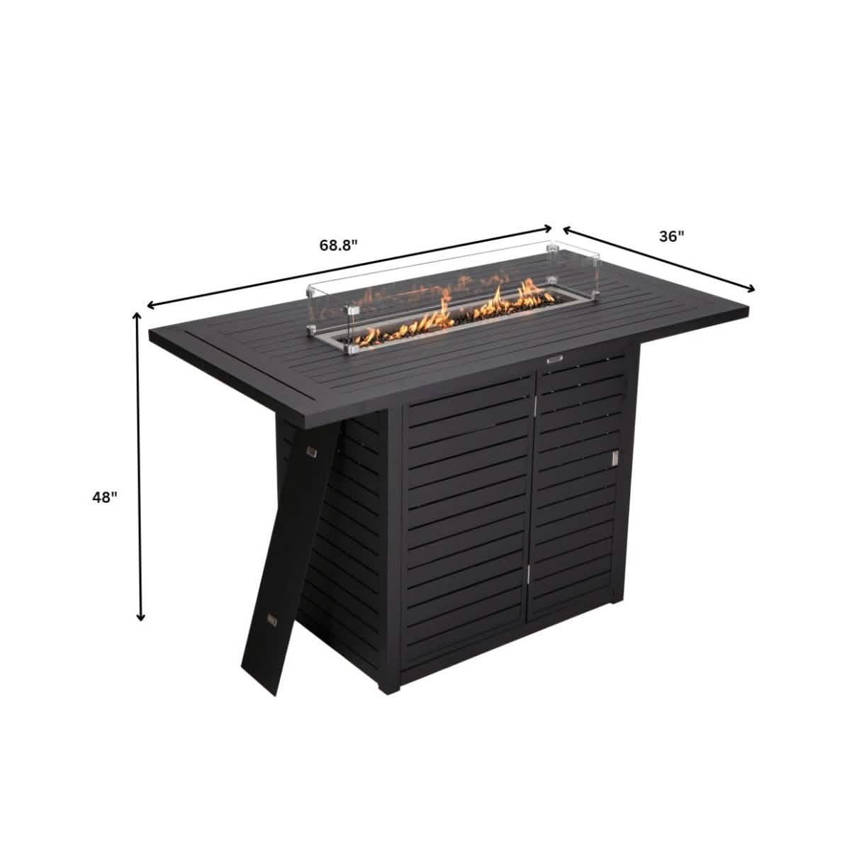 Chelsea Rectangular Aluminum Fire Pit Bar Table with Lid Glass Guard and Tank Holder Black Dining Table Leisuremod